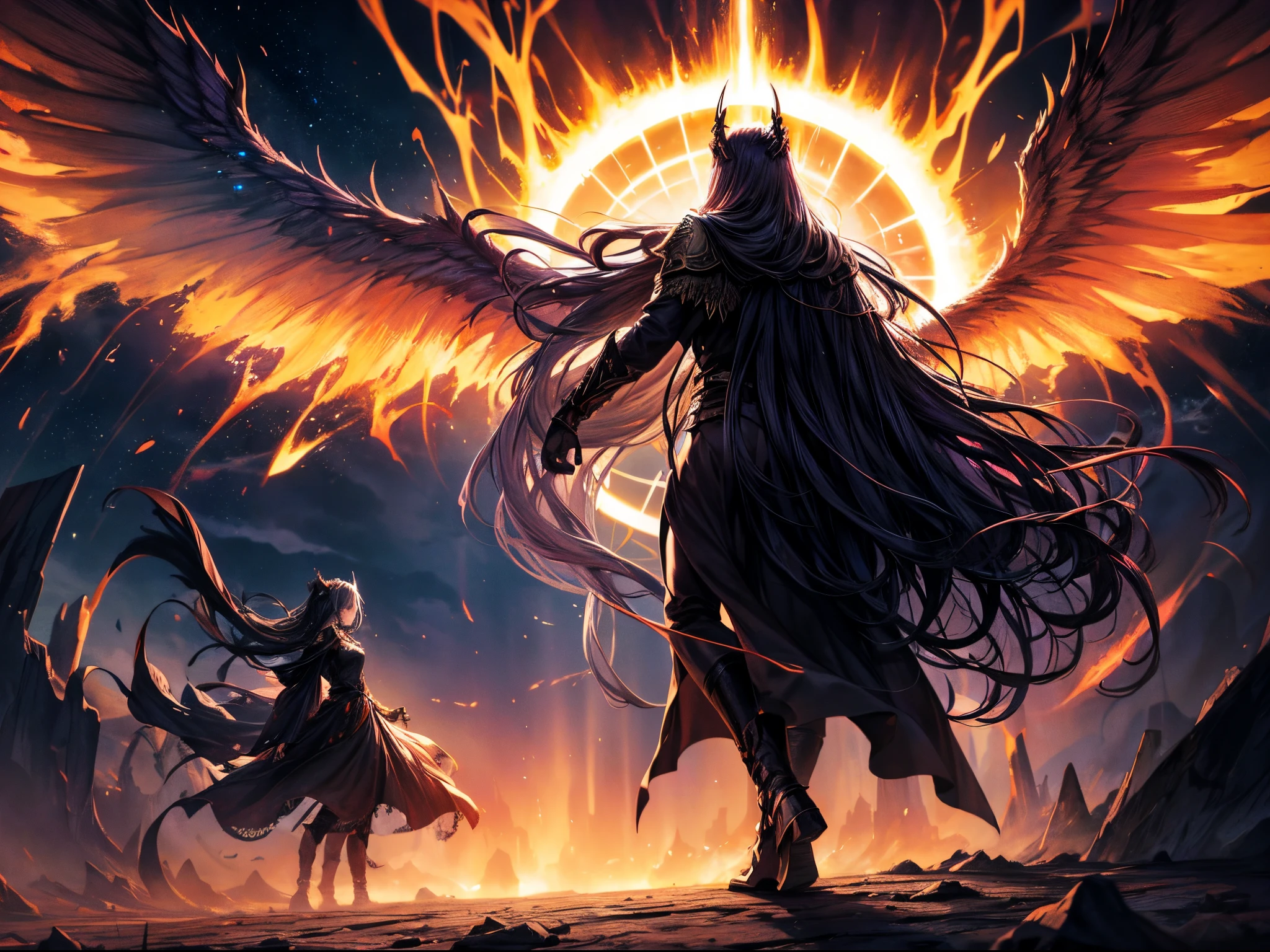 In a world cloaked in shadows, where whispers waltz along twisted trails and mysterious silhouettes creep in the dusk, behold an otherworldly vista! Clash of fiery forces paints a vibrant tapestry across the canvas of light and shadow, illuminating a celestial-demonic battleground.
Rolling clouds twist and shape-shift, birthing otherworldly beings that call forth the brave. Hell's gates yawn wide, tempting those who dare step through. Yet, a glimmer of hope emanates from a heavenly gate in the distance, offering salvation amid the turmoil.
Crashing waves of molten lava and jagged rocks border an abyss of unimaginable depth, where fallen angels seek redemption and gleaming eyes peer from the shadows. In this realm of rebellion, a cosmic clash ensues, fueled by energies and mind-bending illusions.
But within the chaos, a metamorphosis lies in wait. Step through a shimmering portal, and find yourself in the divine embrace of celestial harmony, transcending the battle between good and evil. As mythical creatures ascend, the darkness unravels, revealing the radiant splendor of a dawn reborn.