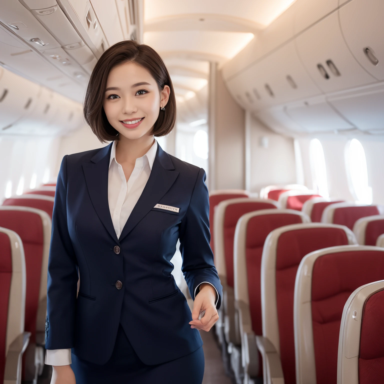 ((top-quality、masutepiece、8K、Top image quality、Hyper-Realism))、（（1 female stewardess、walk gracefully down the aisle、cowboy  shot、Take a photo of her from the waist up))、((The background is the first class aisle of an airplane..))、((perfect stewardess uniform))、(Exposing the forehead、Chignon)、large full breasts、The Biggest Smile、white big teeth、Perfect makeup、long eyelashes、View me、smile your best smile、perfect anatomia、Bright lighting