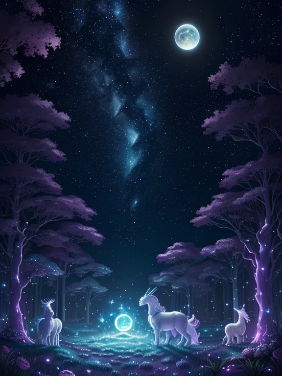 Celestia:
- Magic: Celestial magic, harnessing the power of stars and cosmic energy.
- Creatures: Star unicorns, celestial guardians, moonlight sprites, and astral dragons.
- New Animals: Stardust bunnies, comet owls, nebula butterflies, and galaxy foxes.
- Environment: Celestial plains, shimmering starfields, ethereal forests, and floating moon gardens.