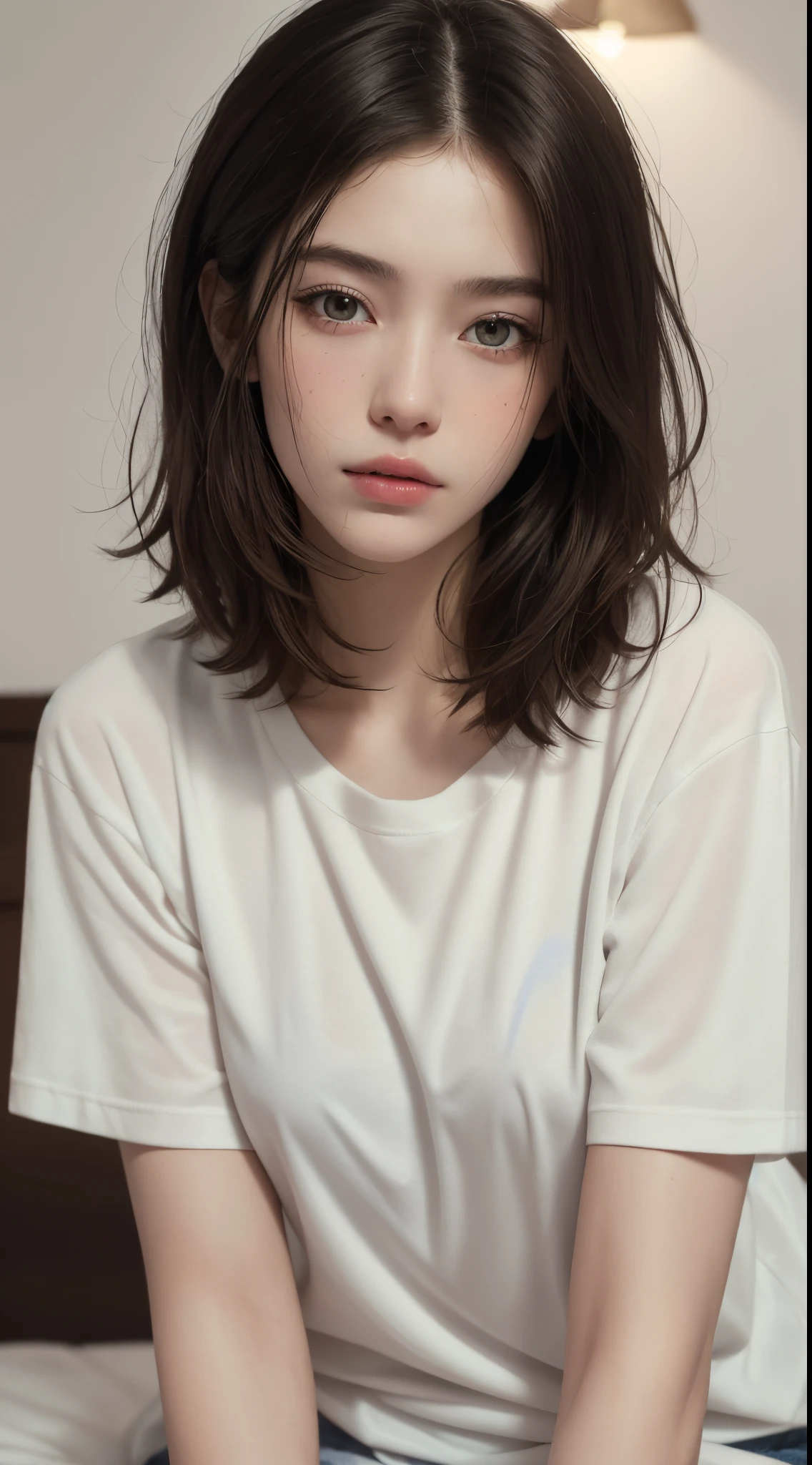 masterpiece, best quality, realistic, highly detailed, 1girl, solo, (body shot), different eyes color, short hair, black hair, glasses, large breast, ((T-shirt)), Lying in bed, Lips pierced, tatto on neck, beautiful girl, A tomboy face, Flat face without expression, bedroom background, detail eyes, detail hair, perfect lighting
