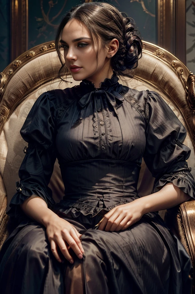 a beautiful elegant, confident, rich and powerful woman, ((hair tied in a bun with a Victorian hairstyle)), elegant and sexy, ((wearing a Victorian Era dress)), ((Victorian style )), ((Half Body Shot)), ((sitting in a velvet armchair in a room richly decorated with Victorian era furniture)), (( Victorian era decor)),, Daeni Estilo Pin, [Daniel F. Estilo Gerhartz::0.5], Imagem UHD, Alugar, 8k, photo-realistic, Epic lighting, Sharp, Realistic, Romantic, foco, 32k Ultra, Ultra HD