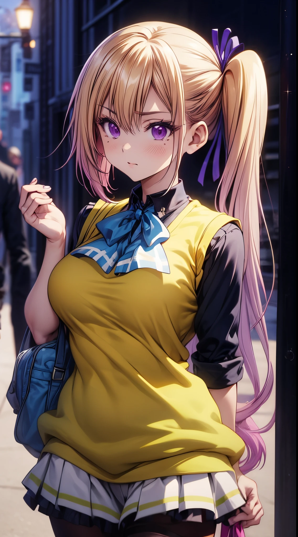 (masterpiece), 8k ultra hd , high quality, best quality, expressive eyes & face, cute sulking, perfect face, perfect body, perfect body beautiful, 8k ultra hd , high quality, hair clip, shining hair, wearing tights , pink skirt , navy blue shirt, tug in shirt, perfect eye & eyebrow, kawakami_mai, long hair, large breasts, blonde hair, purple eyes, hair ribbon, ribbon, single side ponytail, mole under eye, school uniform, sweater vest, anime style , blushing