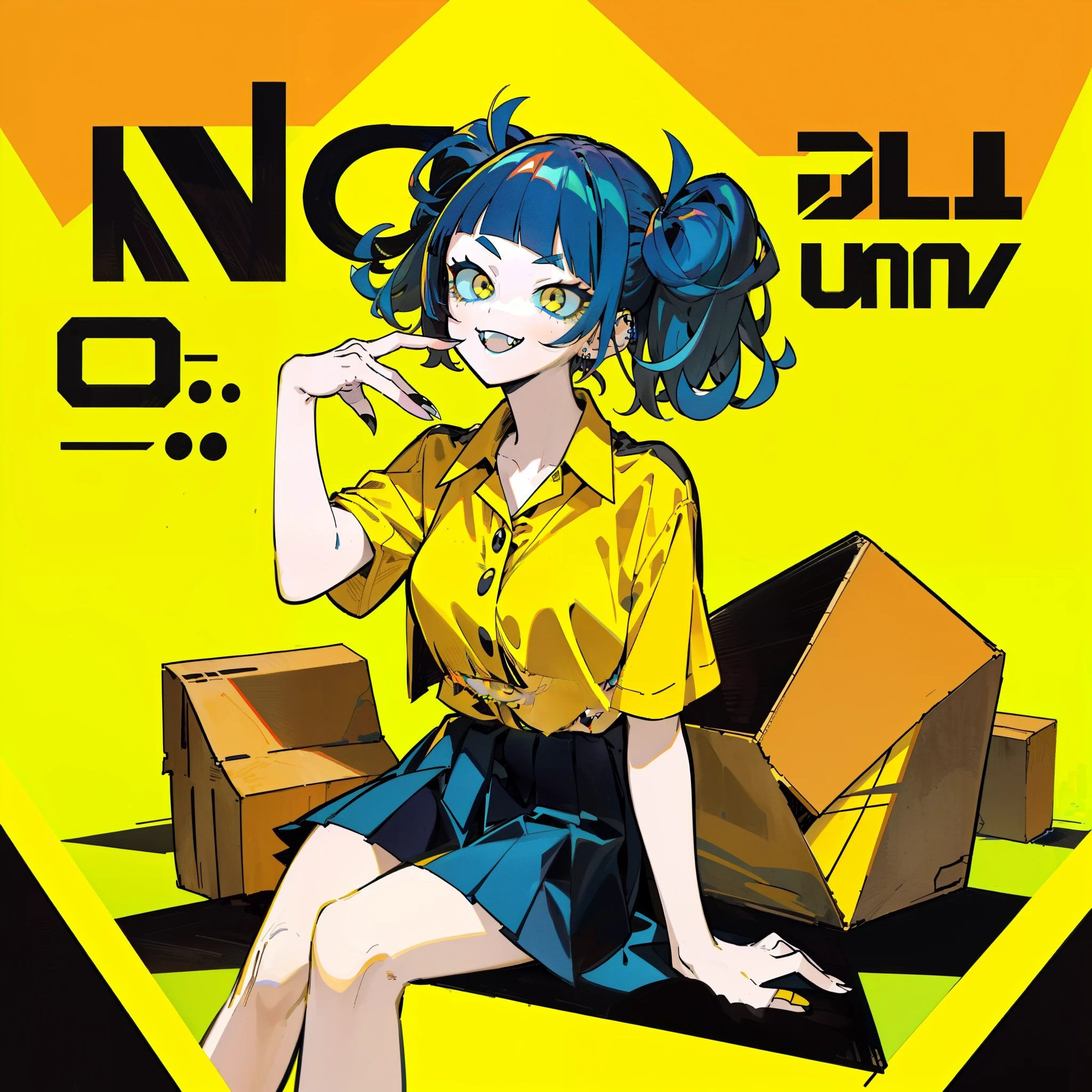 (masterpiece:1.2, best quality), 1girl, ((blue hair)), ((Medium short hair)), ((messy Hair)), (Short hair), (((Unkempt hair))), ((big sized short twin tails)), ((diagonal bangs, blunt bangs, slant bangs, straight bangs)), ((Yellow eyes, yellow color contact lens, slant eyes)), ((thick eyebrows)), fangs, (((Spiteful smile, smirk, fangs))), ((black collared shirt, short sleeve)), spike choker, huge breasts, facial piercings, lots of earrings, tattoos, black pleated skirt, city, road, punk, pop, wall, sitting, looking at another