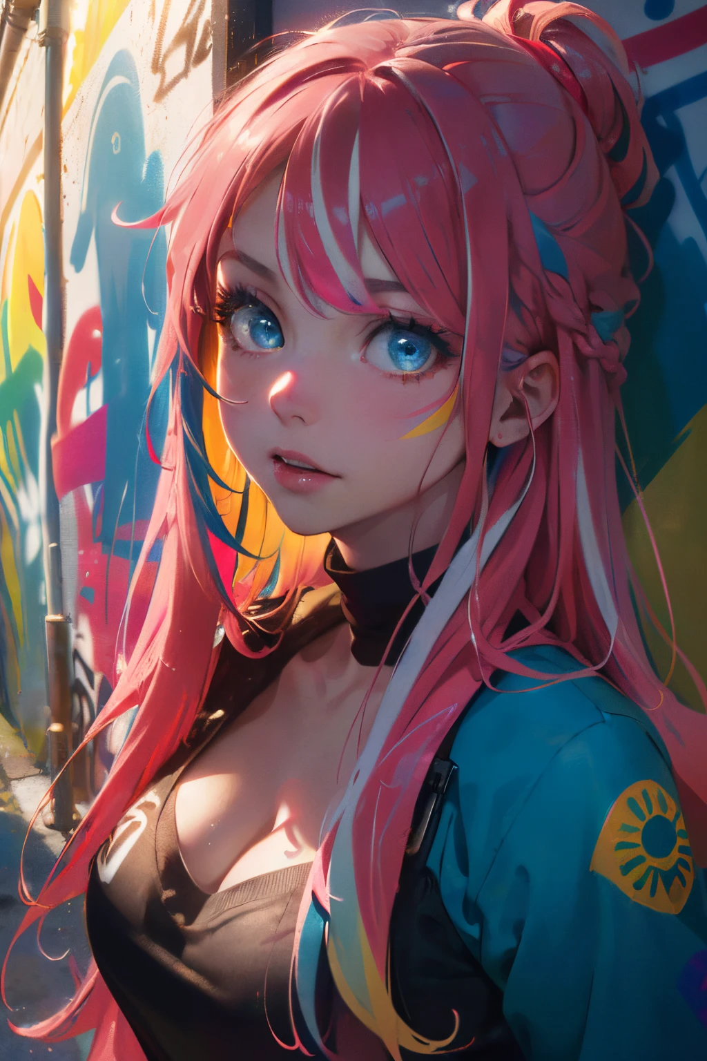 Park,Dressed, cleavage,flirting with camera,(photographrealistic:1.4), (Hyper realistic:1.4), (Realistic:1.3),(Smoother lighting:1.05), (increase cinematic lighting quality:0.9), 1girl in, a 18 year old girl, (Long pink hair, (Multicolored) Blue, Red, yellow, rainbow hair:1.6),Realistic lighting, Backlighting, Light on Face, sun shining, Shiny skin, solar flare,(Blue eyes:1.4),(Brightening light:1.2), (Increase quality:1.4),(Top quality real texture skins:1.4), finely detailed eyes, finerly detailed face,(tired and sleepy and joy), close up of face, (Increase body line mood:1.2), (Increase the beauty of skin texture:1.2)、(masterpiece:1.2, best quality), (graffiti wall:1.2), 1lady, beanie, jacket, Leggings, blue eyes, fullbody,
