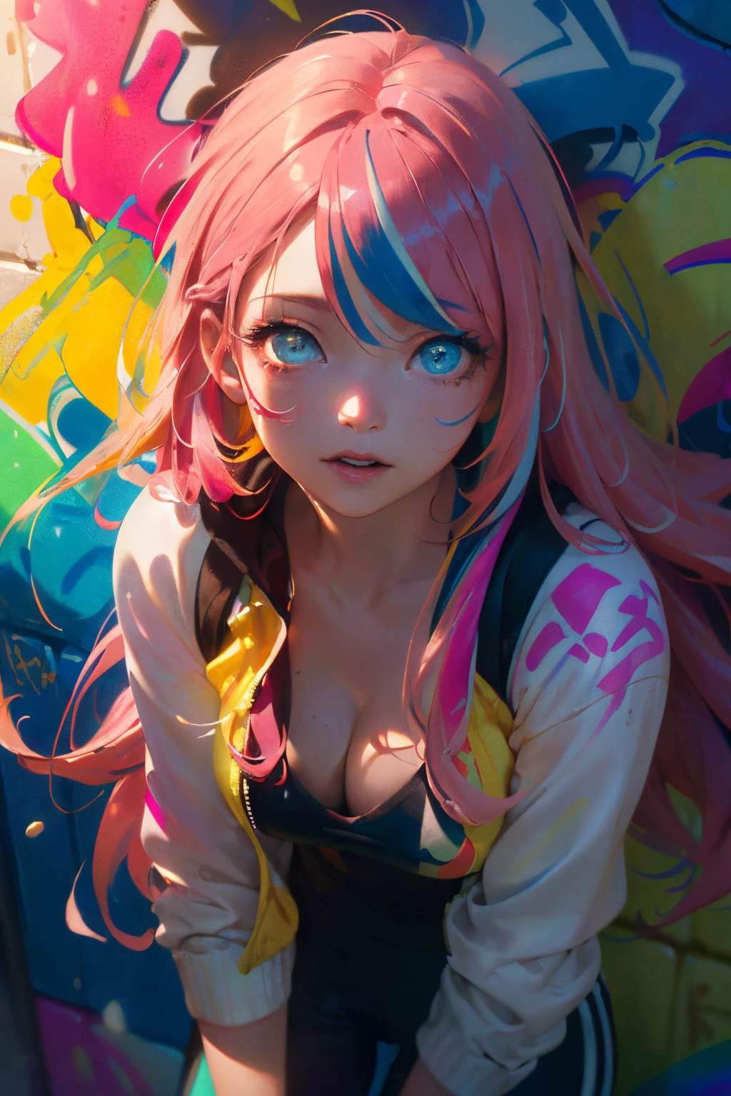 Park,Dressed, cleavage,flirting with camera,(photographrealistic:1.4), (Hyper realistic:1.4), (Realistic:1.3),(Smoother lighting:1.05), (increase cinematic lighting quality:0.9), 1girl in, a 18 year old girl, (Long pink hair, (Multicolored) Blue, Red, yellow, rainbow hair:1.6),Realistic lighting, Backlighting, Light on Face, sun shining, Shiny skin, solar flare,(Blue eyes:1.4),(Brightening light:1.2), (Increase quality:1.4),(Top quality real texture skins:1.4), finely detailed eyes, finerly detailed face,(tired and sleepy and joy), close up of face, (Increase body line mood:1.2), (Increase the beauty of skin texture:1.2)、(masterpiece:1.2, best quality), (graffiti wall:1.2), 1lady, beanie, jacket, Leggings, blue eyes, fullbody,