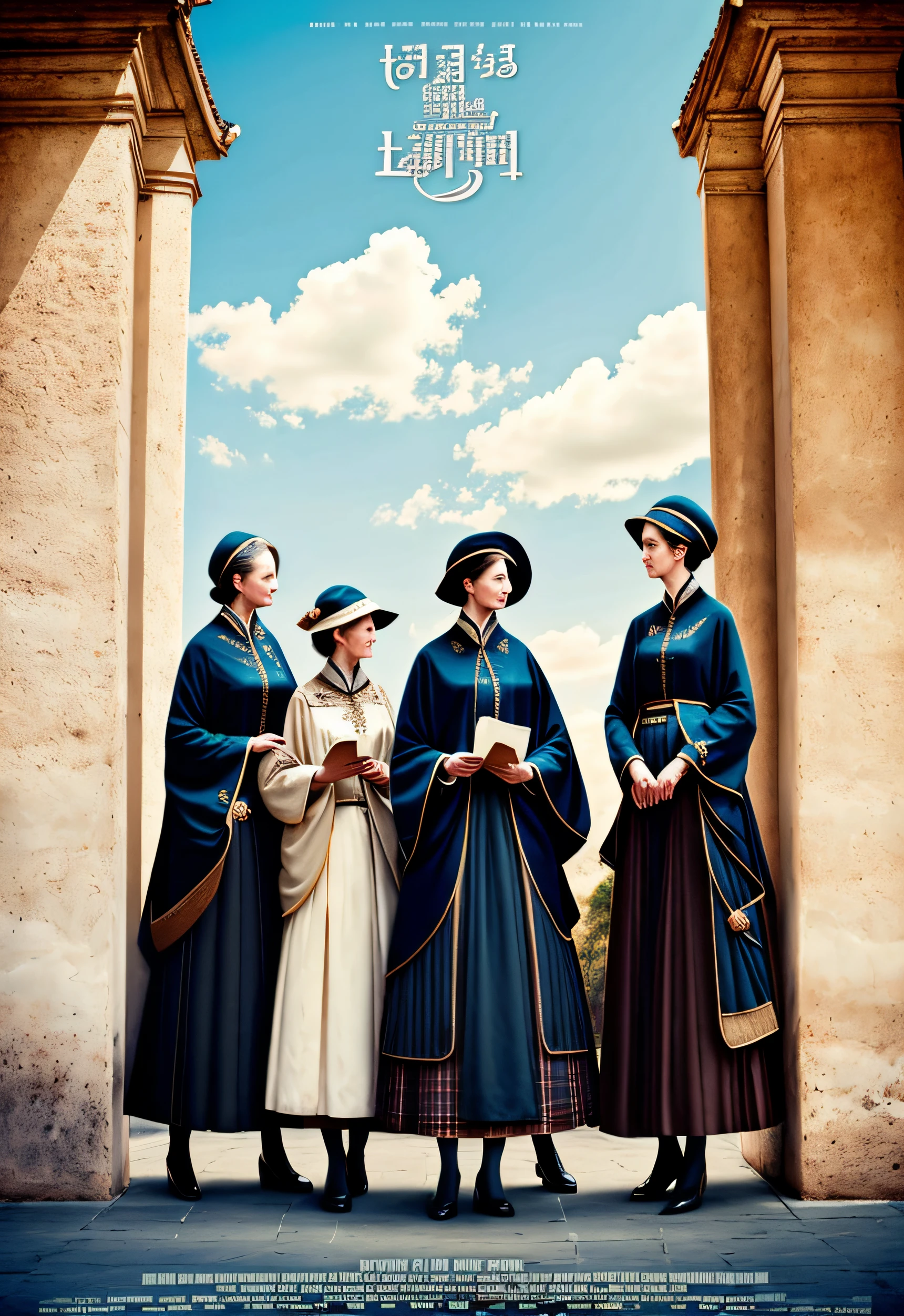 Three people,femele,Tall guy,Tall tall,One meter nine height,Three women in skirts standing outside cafe,holding books,lower your head to read,An old lady,book cover with portrait,Tall women,modern attire,caucasian female,an old woman in a wheelchair,blue-sky, flim, key art, official posters, cinematic”, Movie Promotional Image, promotional movie poster, 16384k film, poster shot,