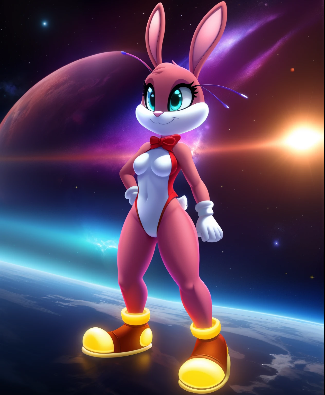 Female alien anthro hybrid rabbit with antennas, tiny toons style, full body view, glowing her entire body in space