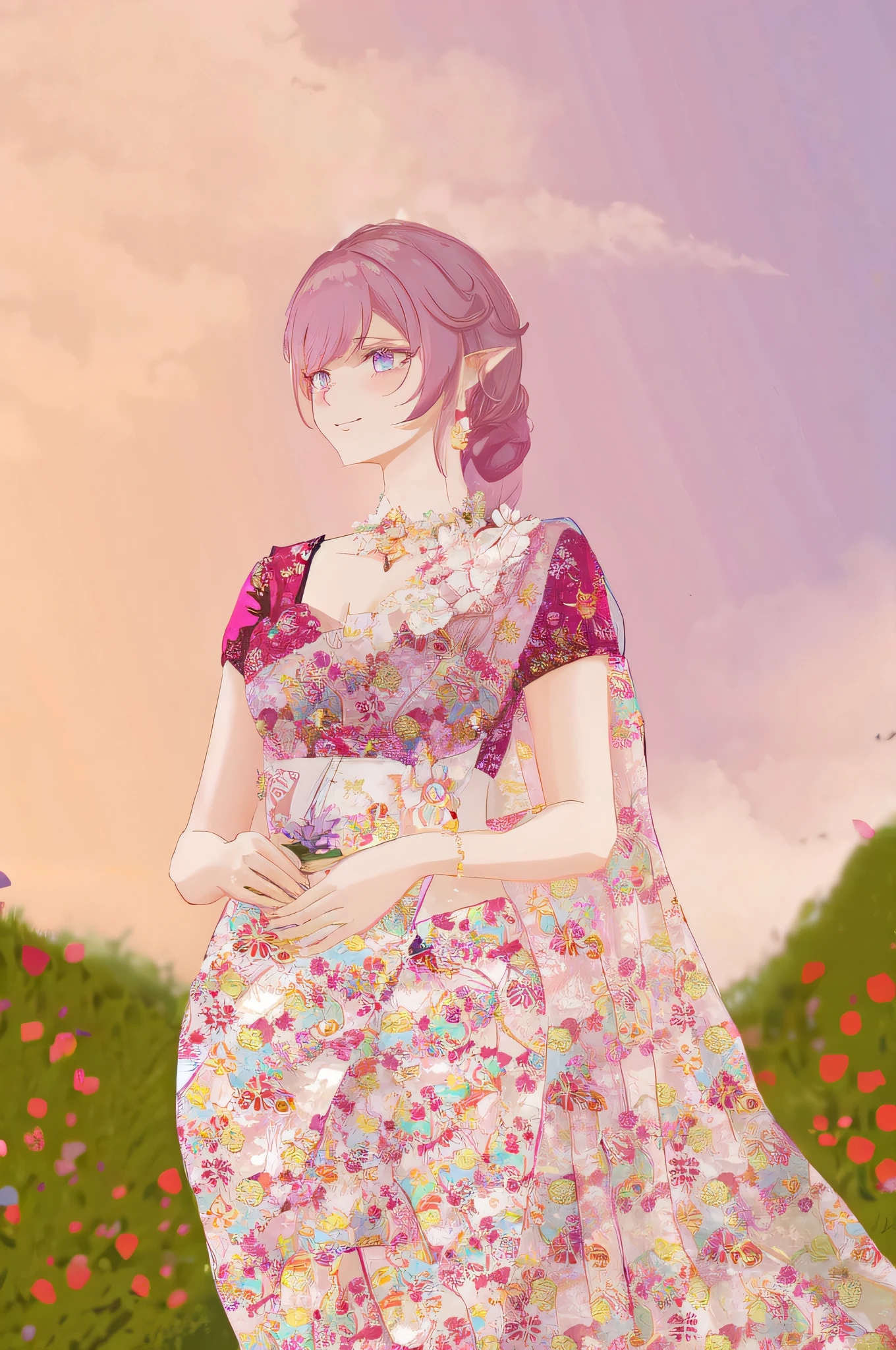 there is a woman in a floral dress standing in a field, elf girl wearing a flower saree, the non-binary deity of spring, dressed in a flower dress, inspired by Tomioka Tessai, inspired by Lü Ji, my dress up darling anime, inspired by Eizan Kikukawa, a goddess in a field of flowers, Elysia from Honkai Impact, mihoyo anime, anime waifu