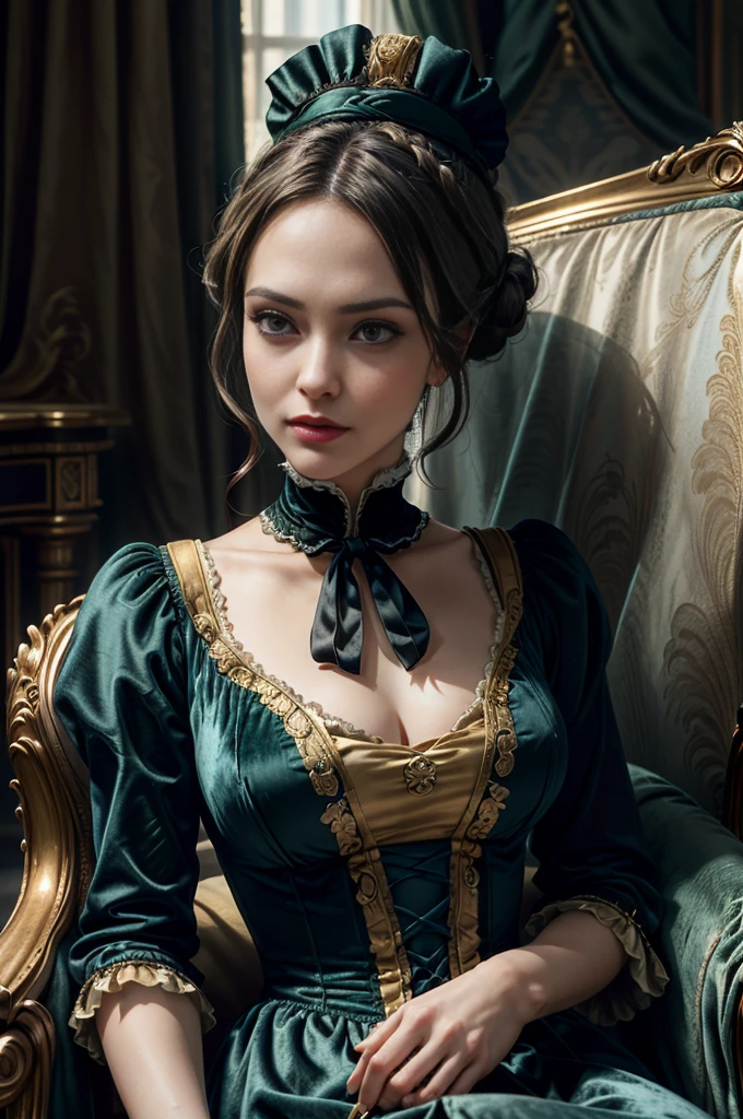 a beautiful elegant, confident, rich and powerful woman, ((hair tied in a bun with a Victorian hairstyle)), elegant and sexy, ((wearing a Victorian Era dress)), ((Victorian style )), ((Half Body Shot)), ((sitting in a velvet armchair in a room richly decorated with Victorian era furniture)), (( Victorian era decor)),, Daeni Estilo Pin, [Daniel F. Estilo Gerhartz::0.5], Imagem UHD, Alugar, 8k, photo-realistic, Epic lighting, Sharp, Realistic, Romantic, foco