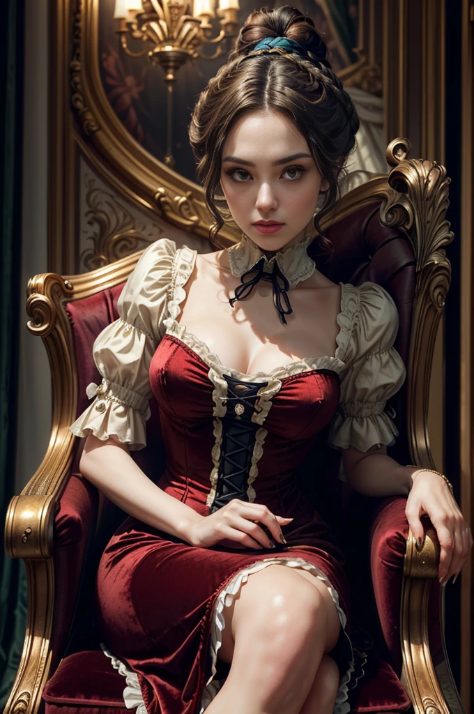 watercolor acrylic woman in a red dress sitting at a table, mystery series style, rococo queen, Tom Burke, in black, blue gold and red, gold stripe around the chest, a piercing sparkle in the eyes, wine red trim,, elaborate costume, Maria- Antoinette, Freya