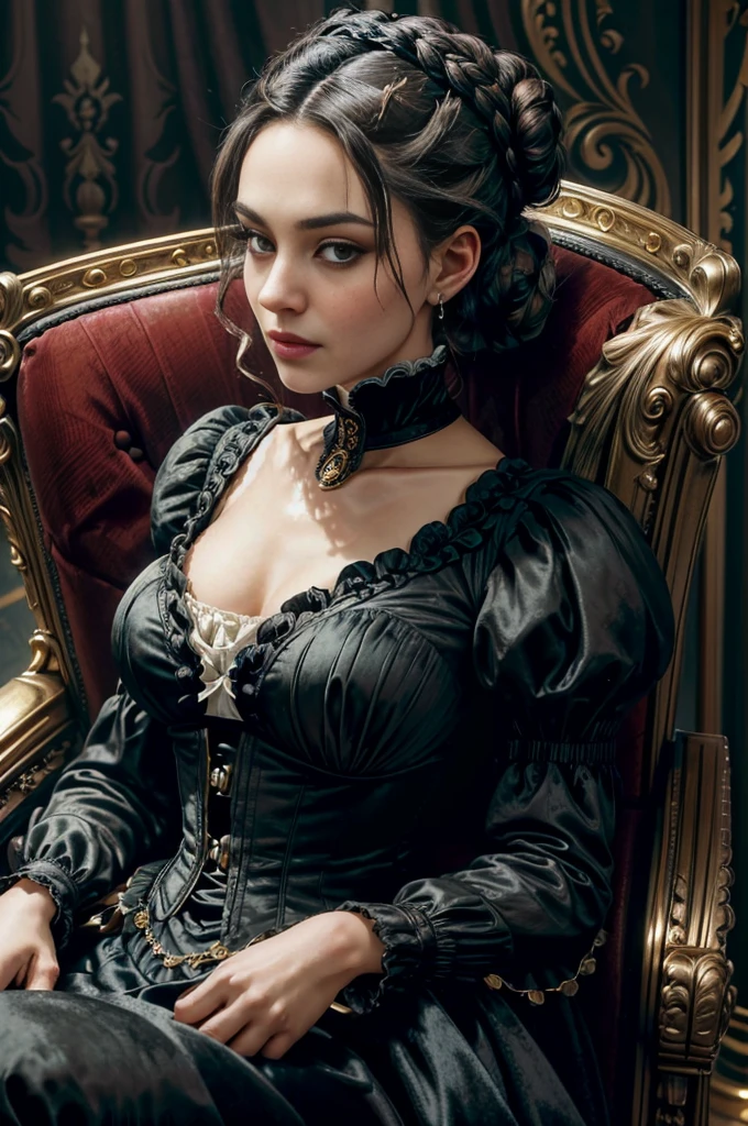 a beautiful elegant, confident, rich and powerful woman, ((hair tied in a bun with a Victorian hairstyle)), elegant and sexy, ((wearing a Victorian Era dress)), ((Victorian style )), ((Half Body Shot)), ((sitting in a velvet armchair in a room richly decorated with Victorian era furniture)), (( Victorian era decor)),, Daeni Estilo Pin, [Daniel F. Estilo Gerhartz::0.5], Imagem UHD, Alugar, 8k, photo-realistic, Epic lighting, Sharp, Realistic, Romantic, foco