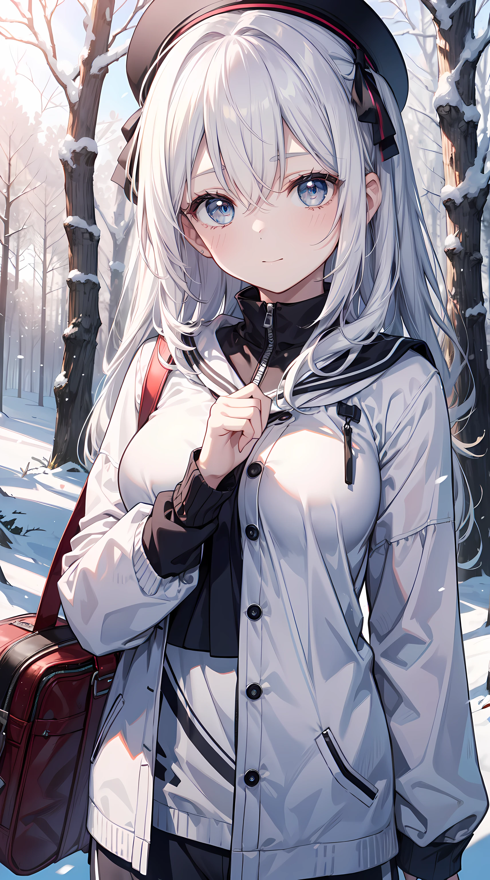 sportrait, high qulity, Ukrainian little girl fairy winter snow passes through trees in the forest about 10 years old, eBlue eyes, Smooth skin, ((Best quality at best, 8K, tmasterpiece :1.3)), 1个Giant Breast Girl, Beautiful girl , leisure wear :1.2, in woods, Super detailed face, A detailed eye, 二重まぶた