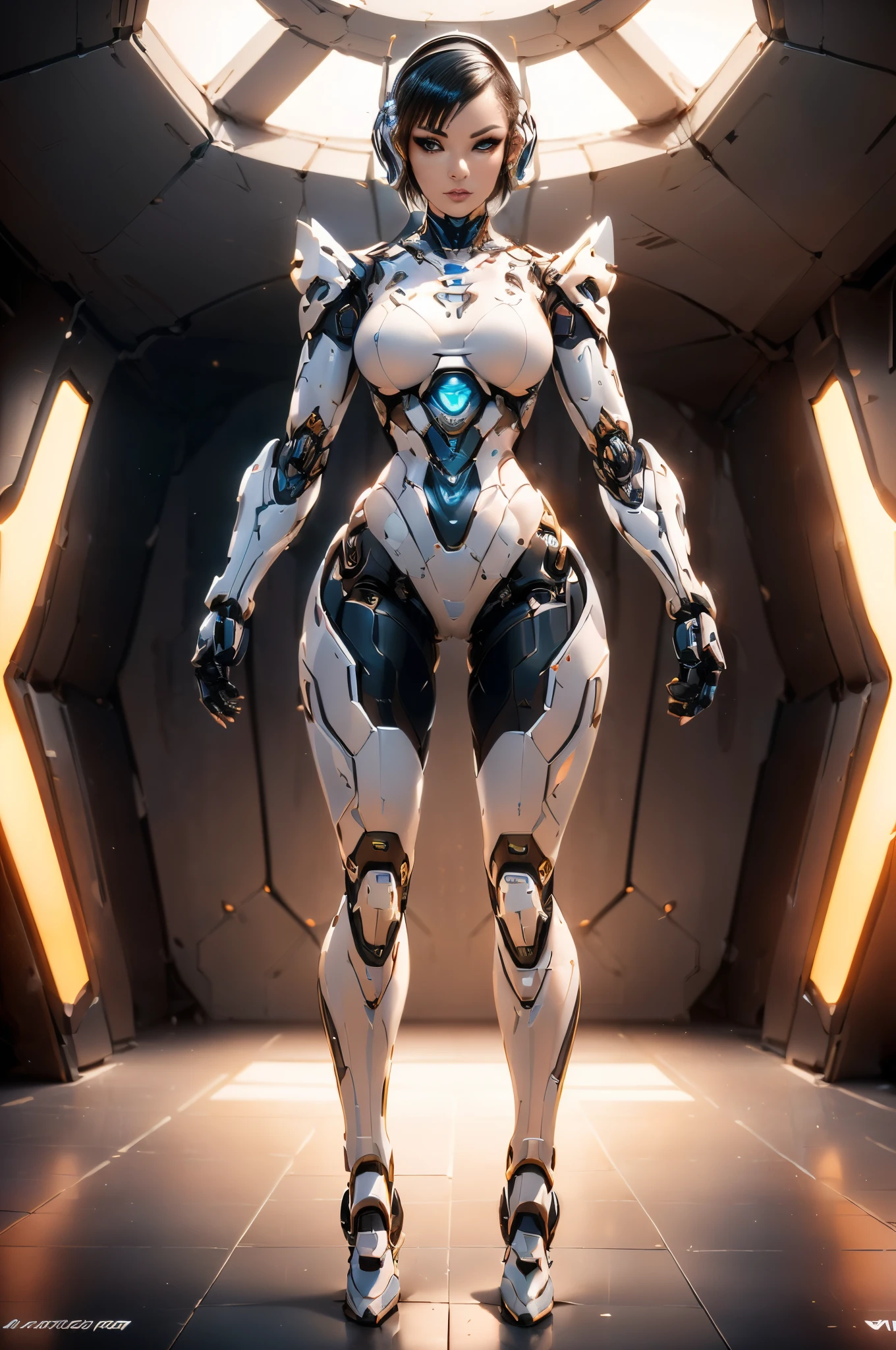 (generate a female robot, short hair, detailed luxury cyber mech armor, pointed finger, inside detailed spaceship, beautifull face, pretty face, beautifull eyes, beautifull nose, raytracing, beautifull fingers, beautifull hands, (4 fingers in 1 hand), full body photoshoot, pretty makeup, perfect anatomy, good lighting, professional photoshoot, sharp eye, fresh lips