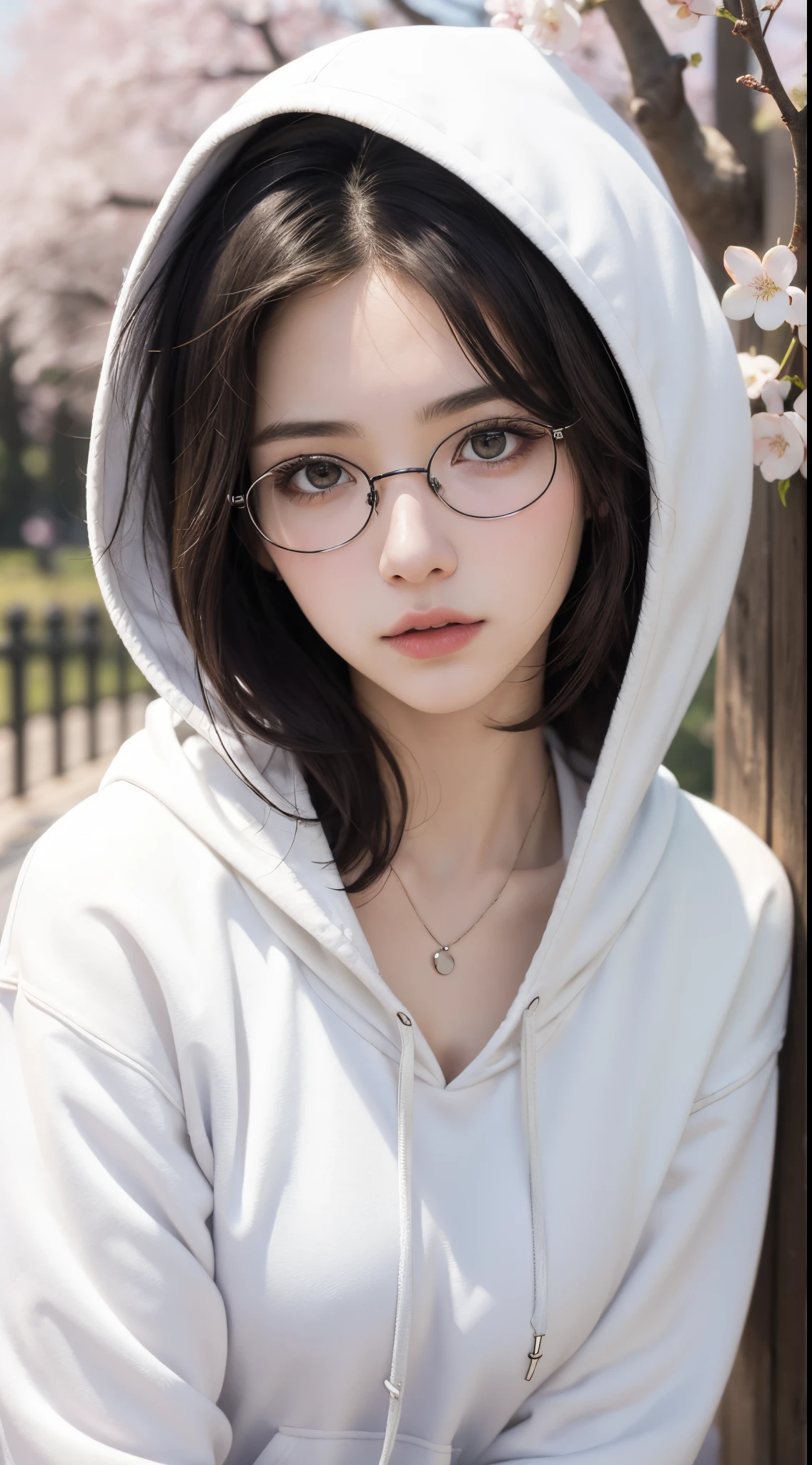 masterpiece, best quality, realistic, highly detailed, 1girl, solo, (body shot), different eyes color, short hair, black hair, glasses, large breast, ((Hoodie)), stand on bridge, Lips pierced, tatto on neck, beautiful girl, A tomboy face, Flat face without expression, Cherry blossom trer background, detail eyes, detail hair, perfect lighting