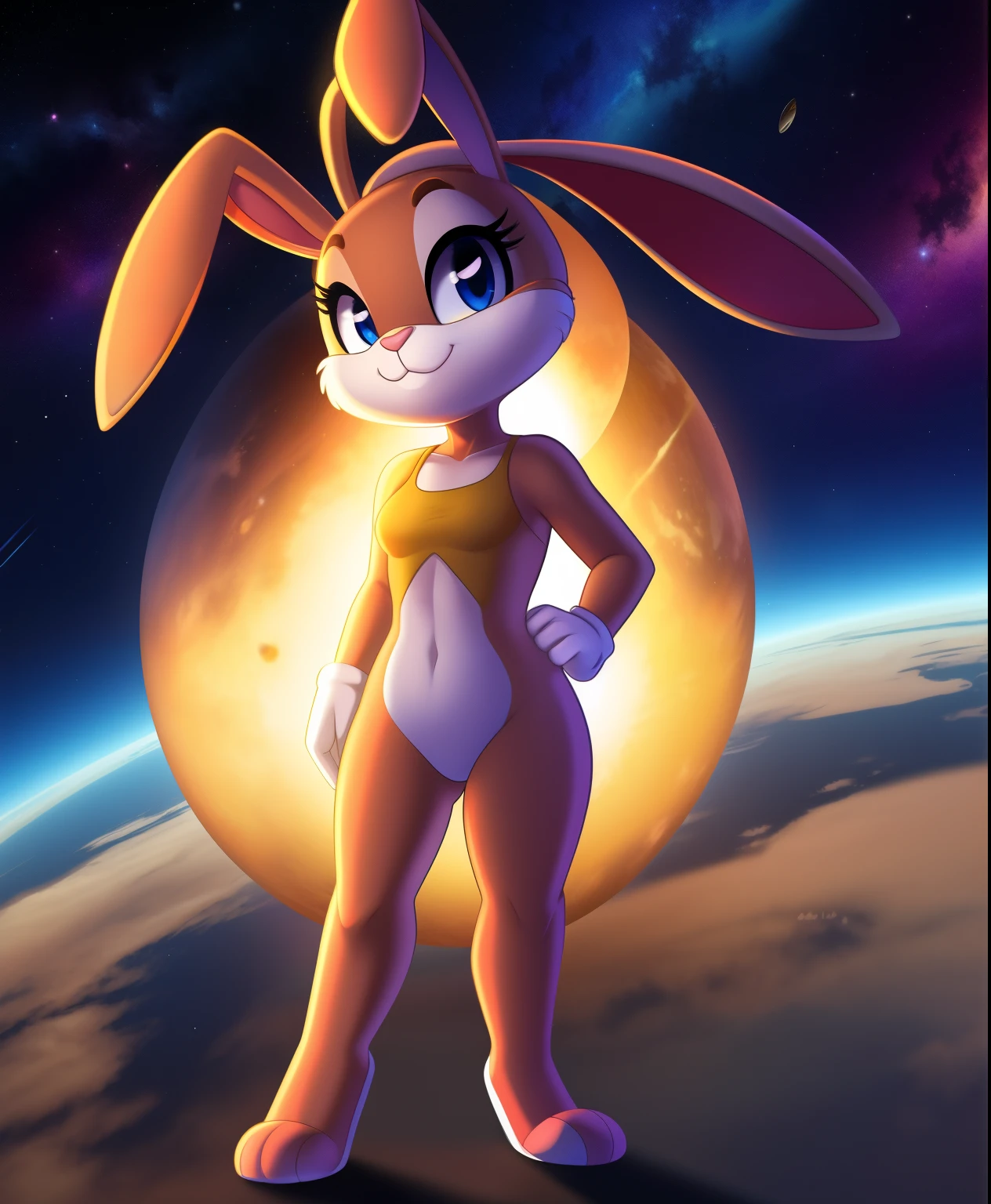 Female alien anthro hybrid holland lop rabbit with antennas, furry, tiny toons style, full body view, glowing her entire body in space