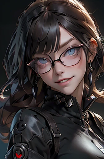 1nerdy girl with glasses, 30yo, blunt bangs hairstyle, (fringe cut bangs hairstyle), (The forehead is hidden by bangs), (((shining light brown hair))), ((boyish)), (((low pony tail))), asymmetrical messy hair, (((black-rimmed round glasses))), (((beautifully detailed face))), (((perfect face))), long eyelashes, (Beautiful detailed eyes), (sharp eyes), ((Blue eyes)), (gothic makeup with so many eyelashes and jet black eyeshadow), (((sadistic grinning smile with clenched teeth))), (((bronze skin))), cyberpunk style, ((open jacket), (loose t-shirt)), street fashion, sport pants, black leather gloves, (Solo), (Suggestive Pose), (hand on hip), condescending looking at the camera, (Full Body Image), perfect anatomy, slender, small bust, abs, (thin waist), ((crazy smile:0.5), (teeth fangs:0.8)), (((black thick rimmed glasses))), (high detailed skin), ((top-quality)), ((High Definition)), ((beautiful detailed)), high quality shadow, mostly cloudy sky, ((official art)), anatomically correct, (((Best Quality))), (((masterpiece))), (((Super Detail))), UHD, octane render, two-tone lighting, cluttered Blade Runner background