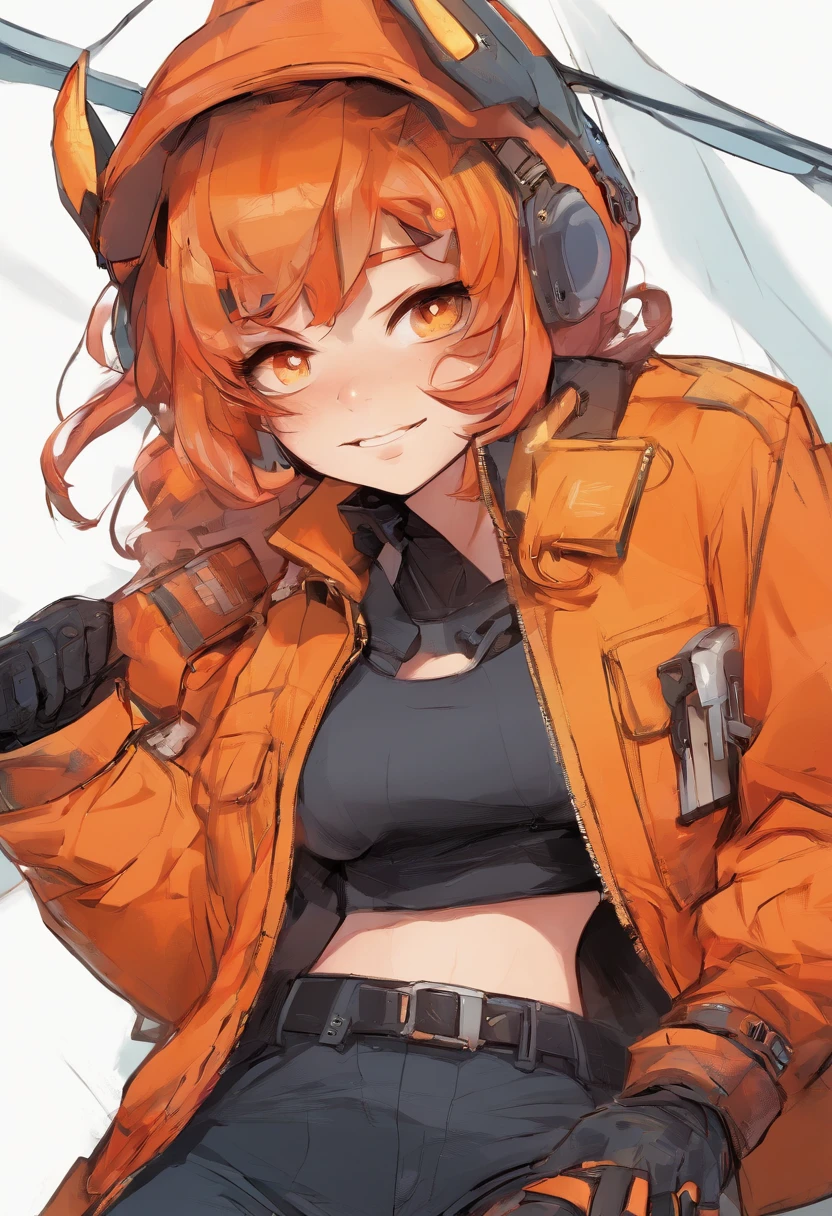 cyborg, cowboy shot, {{1girl}}, {{{{long sidebangs}}}}, {{Peaked cap}}, black coat, white collared shirt, orange eyes, long orange hair, bangs, Smirk, skindentation, belt pouch, {{spacecraft interior}}, {{wildstyle}}, dynamic pose, masterpiece, cinematic lighting, futuristic, hangar, cyberpunk, multicolored jacket, orange trim, patchwork clothes, chest belt, high-waist shorts, orange hair, thighhighs, hat, solo, orange eyes, jacket,