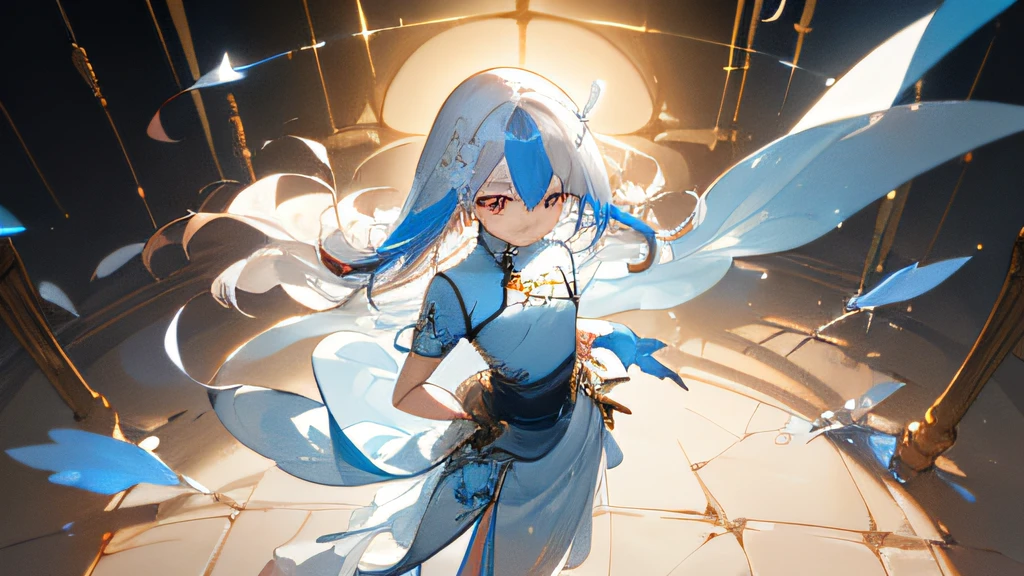 White and gold accent details on body gear：0.85），（negative space：1.4），（full bodyesbian），1girl，（（独奏）），Look away，looking from above，tmasterpiece，The is very detailed，（（cinmatic lighting)), (with light glowing), ((Dramatic lighting)), ((Beautiful and delicate luminescence)), fake smile, Be red in the face, Complicated details, lens flare glow, (whaite hair:1.5), (long whitr hair:1.2),crystal on the ground, （Desert background：1.3），Beige stone tile floor, (small:1.5), (black， eyes:1.3), (yellow eyes:0.4),, (flower:1.25), glowing, floating hair, (forehead：1.3），（missb0tez：1.3），Ray traching，diffraction spikes，（glowworm：1.2），wisps，thigh band，（（（Light blue cheongsam））），Chinese dress，Skirt that wraps hips, overskirt, , Standing collar cheongsam,White plush strip wraps around waist，（High-necked tight-fitting top:1.4),Blue gloves, , Flowing large skirt, Skirt pleats，Blue skirt， hair straight, (streaked hair:1.3), Hair above one eye, Asymmetrical bangs, Swept bangs, tilts your head, (depth of field:0.4), dynamic compositions,