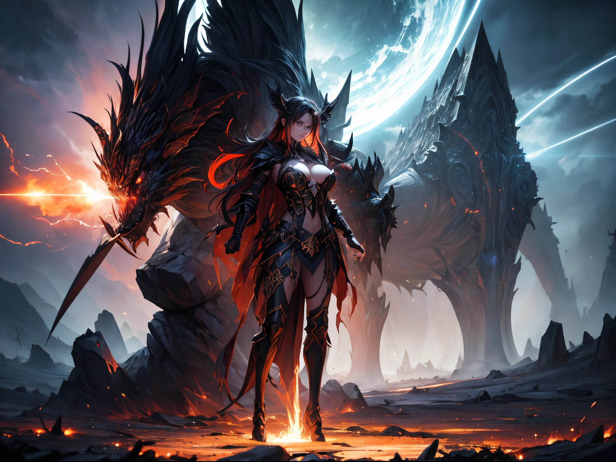 (best quality,4k,8k,highres,masterpiece:1.2),ultra-detailed,(realistic,photorealistic,photo-realistic:1.37),stunning depiction,superb detailing,spectacular scene,epic battle between divine & infernal,True essence of existence,supernatural war,ultimate struggle,mystical confrontation,heavenly warriors,demonic creatures,divine magic,Infernal flames,rays of celestial light,explosions of dark energy,alternative realms,glowing armor,divine intervention,malevolent powers,terrifying demons,magic-infused weapons,breathtaking range of emotions,awe-inspiring power,immense cosmic energy,ominous atmosphere,desolate landscape,apocalyptic setting,epic scale,clash of light and darkness,timeless battle,cosmic balance,symbolic representations,dramatic intensity,determining the fate,mortal realm hanging in the balance,mythical beings transcending humanity,unceasing conflict between good and evil,dynamic composition,striking contrast,heaven and hell intertwined,guardians of righteousness,wicked forces of corruption,divine symbols,ominous presence,terrifying yet majestic,final confrontation between heaven and hell,luminous celestial figures,dark and twisted monstrosities,detailed facial expressions,ancient prophecies,transcendental power,struggle for salvation,sacred artifacts,transformational abilities,embodying the struggle between light and dark,overwhelming power of the divine,desperate fight for survival,vivid colors,atmospheric lighting