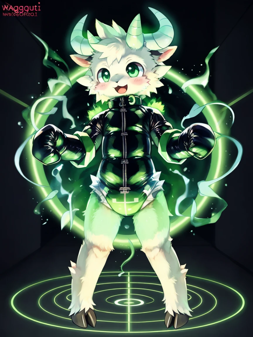 ((by wadorigi on Twitter)(Lamb)), pokemon, kid proportions, cute, adorable , thin thighs, hooves, upper limb hooves, light green fur, horns made of emerald , ( glowing green swirling whirlwind effect), green swirling whirlwind of magic, wearing soggy messy diaper leotard straitjacket, (leather cube shaped padded fist mitts), leather wrist cuffs, metallic circle frame on floor, standing, in laboratory