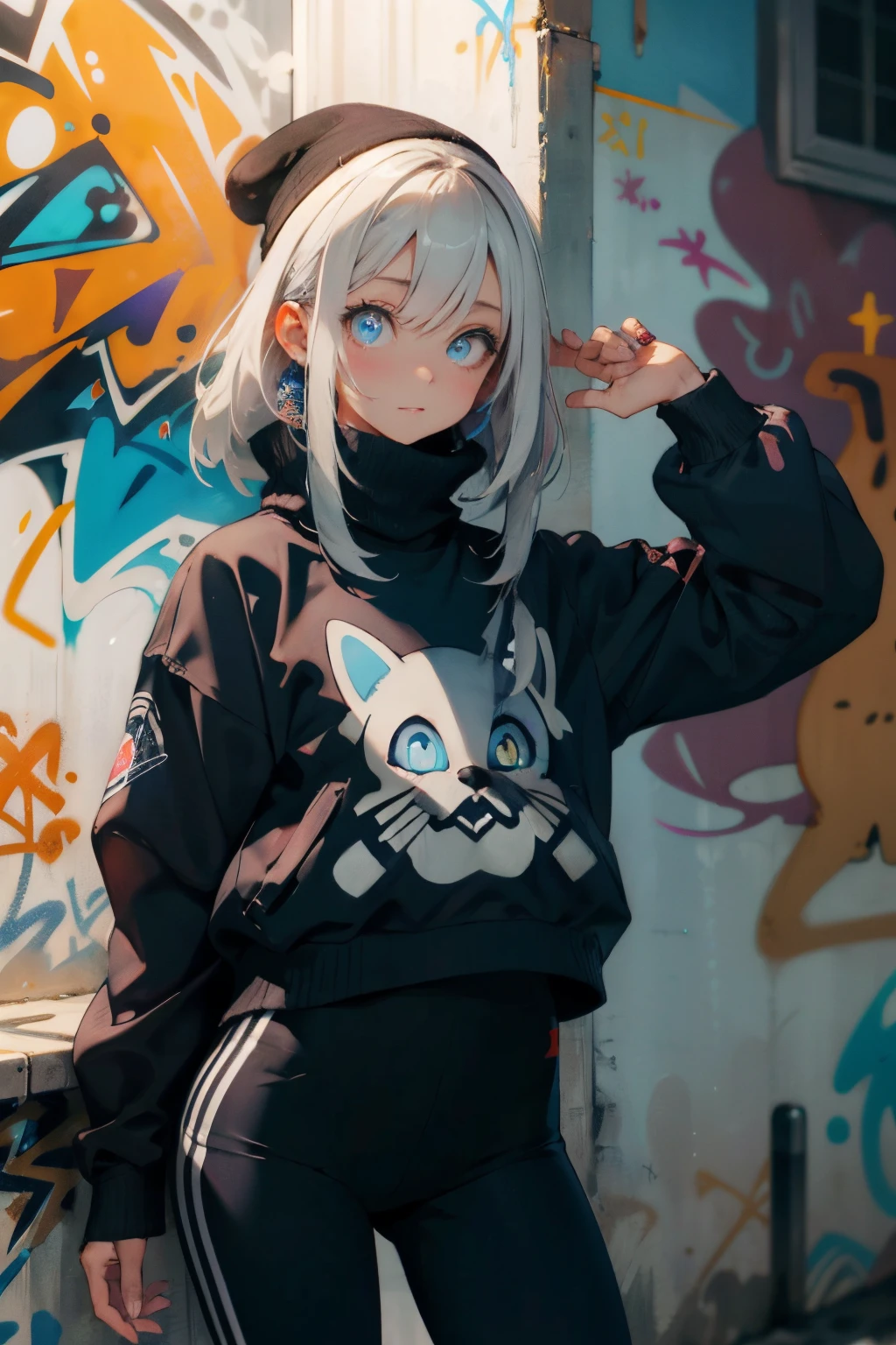 make realistic，（nmasterpiece，top Quority，best qualtiy，offcial art），ighly detailed，Colorful，best detailed，fairy chalet，Broad background，Kamimei，length hair，cabelos preto e longos，Beautiful woman、(​masterpiece:1.2、top-quality)、(graffiti wall:1.2)、1lady、Beanie、jaket、leggins、blue eyess、full bodyesbian、