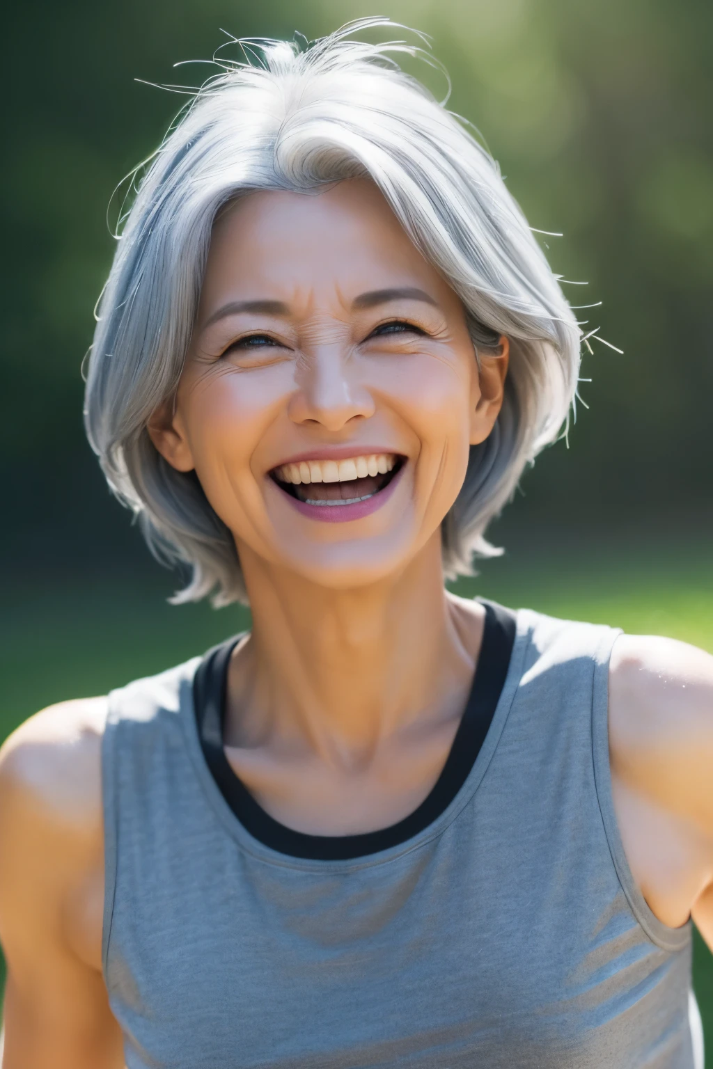 ((Realistic lighting,It's like a movie propaganda effect， best qualtiy, 8K, tmasterpiece:1.3)), （（50-year-old woman，Bust photo，Black eyes，ssmile，sport，8-pack abs）），sharp fokus:1.2, , Perfect figure，looks into camera，The face is delicate，((Gray hair))，（Sleeveless sports vest），big laughter，parks，Ultra-fine face，Fine eyes，二重まぶた