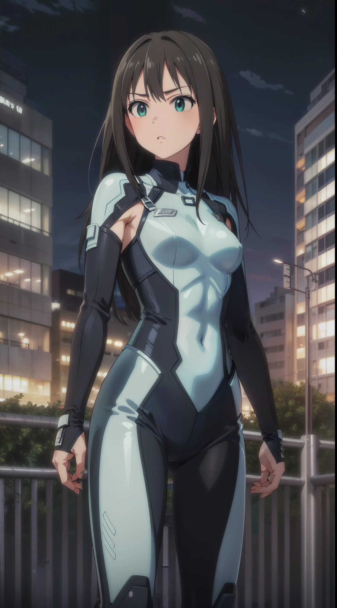 (​masterpiece、top-quality、in 8K、hight resolution:1.2)、Alone、1girl in、 Rin Shibuya、taut clothes、cowboy  shot、Look at viewers、battle posture、Hero Suit、body suit、Trained abs、Trained biceps、(Buildings:1.2)、nighttime scene