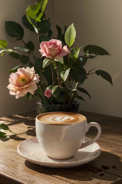 oil painted,rose pink petals,aromatic,muted morning light,fresh flowers,green leaf,Cappuccino coffee cup,Best quality at best,ultra - detailed,realistically:1.37,vibrant with colors,Studio lighting,Subtle pastel tones,tranquil ambiance.