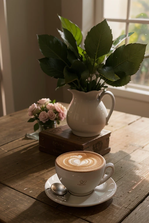 oil painted,rose pink petals,aromatic,muted morning light,fresh flowers,green leaf,Cappuccino coffee cup,Best quality at best,ultra - detailed,realistically:1.37,vibrant with colors,Studio lighting,Subtle pastel tones,tranquil ambiance.