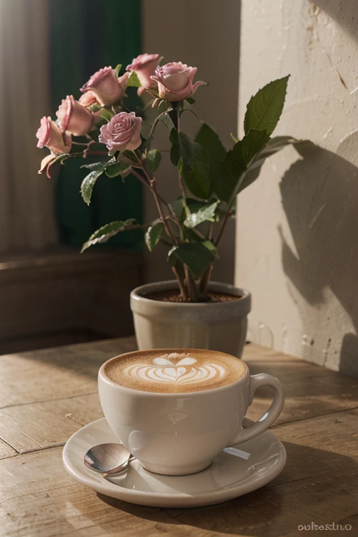 oil painted,rose pink petals,aromatic,muted morning light,fresh flowers,green leaf,Cappuccino coffee cup,Best quality at best,ultra - detailed,realistically:1.37,vibrant with colors,Studio lighting,Subtle pastel tones,tranquil ambiance.