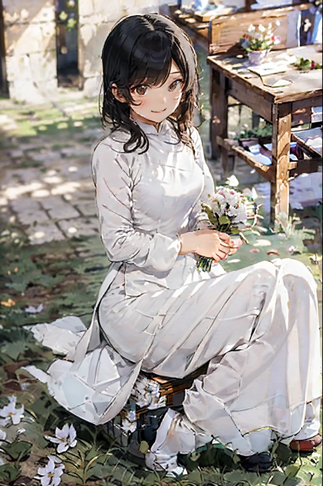 a classroom with chairs, tables and board, a teacher is wearing a white ao dai and holding a bunch of flowers, surrounded by many students, celebrating Teacher's Day, cheerful, illustration, (( masterpiece, best quality, detailed )), (( text : 20/11 ))