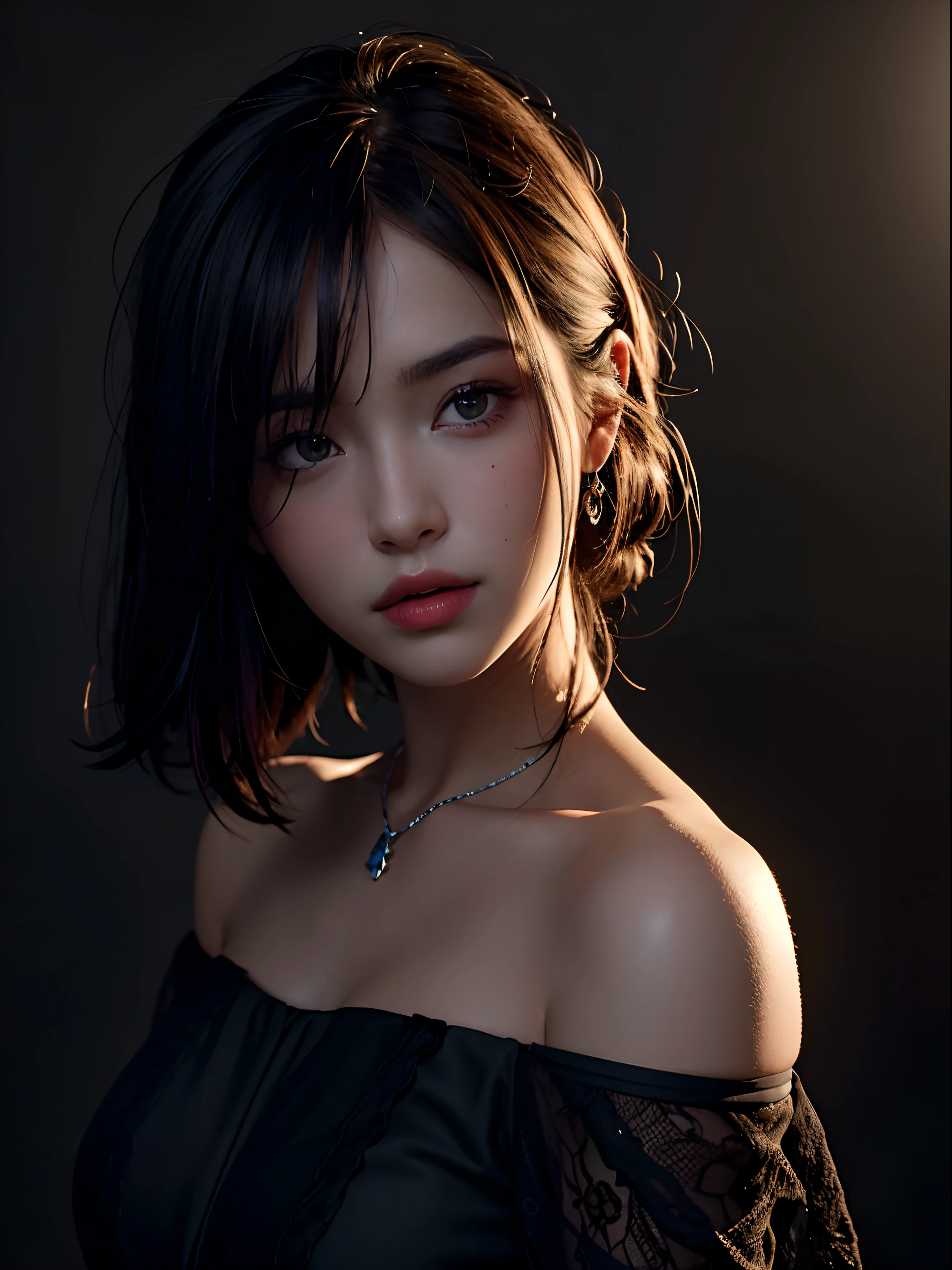 Best quality, masterpiece, ultra high res, (photorealistic:1.4), raw photo, 1girl, offshoulder, in the dark, deep shadow, low key, cold light