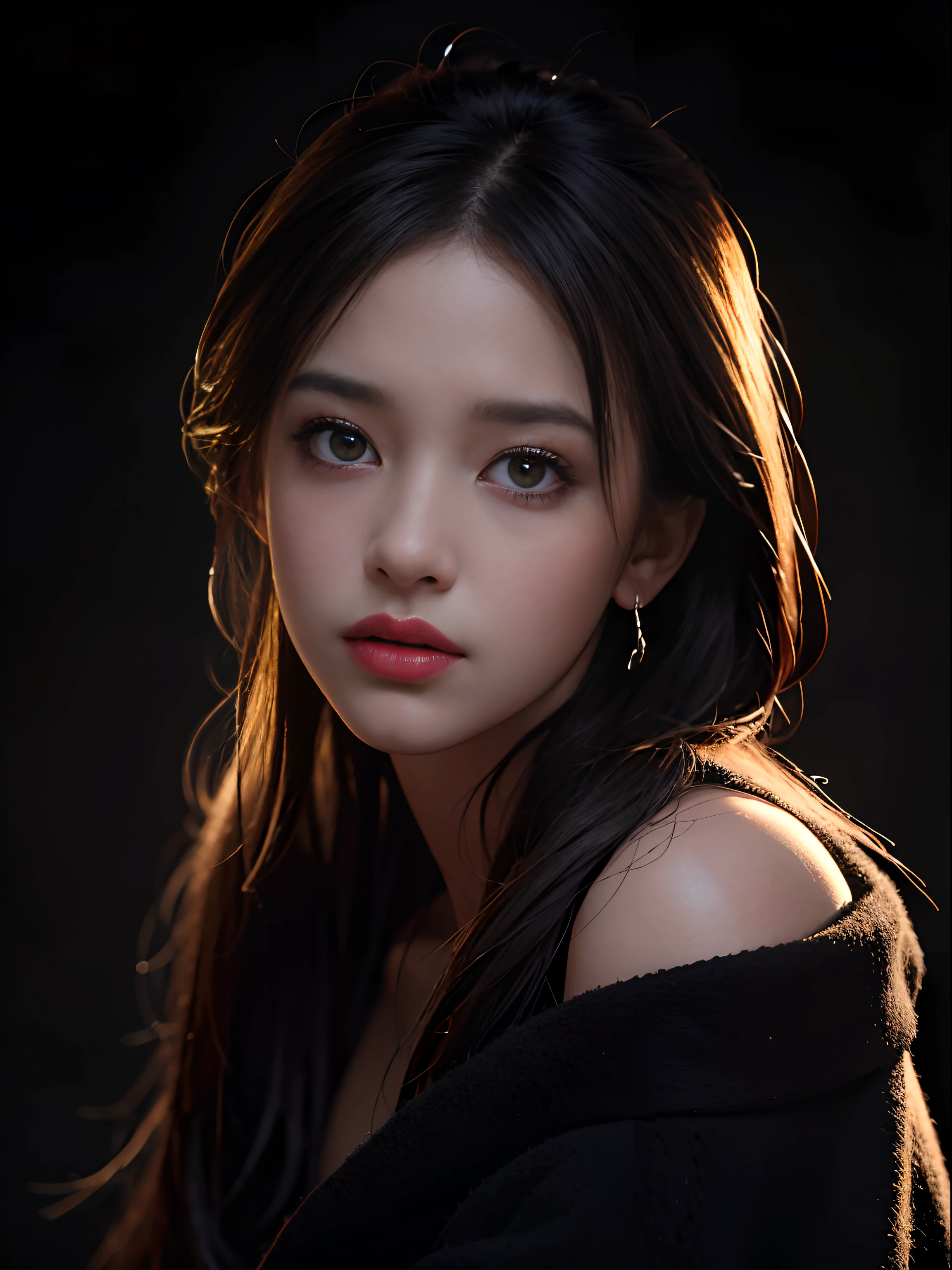Best quality, masterpiece, ultra high res, (photorealistic:1.4), raw photo, 1girl, offshoulder, in the dark, deep shadow, low key, cold light