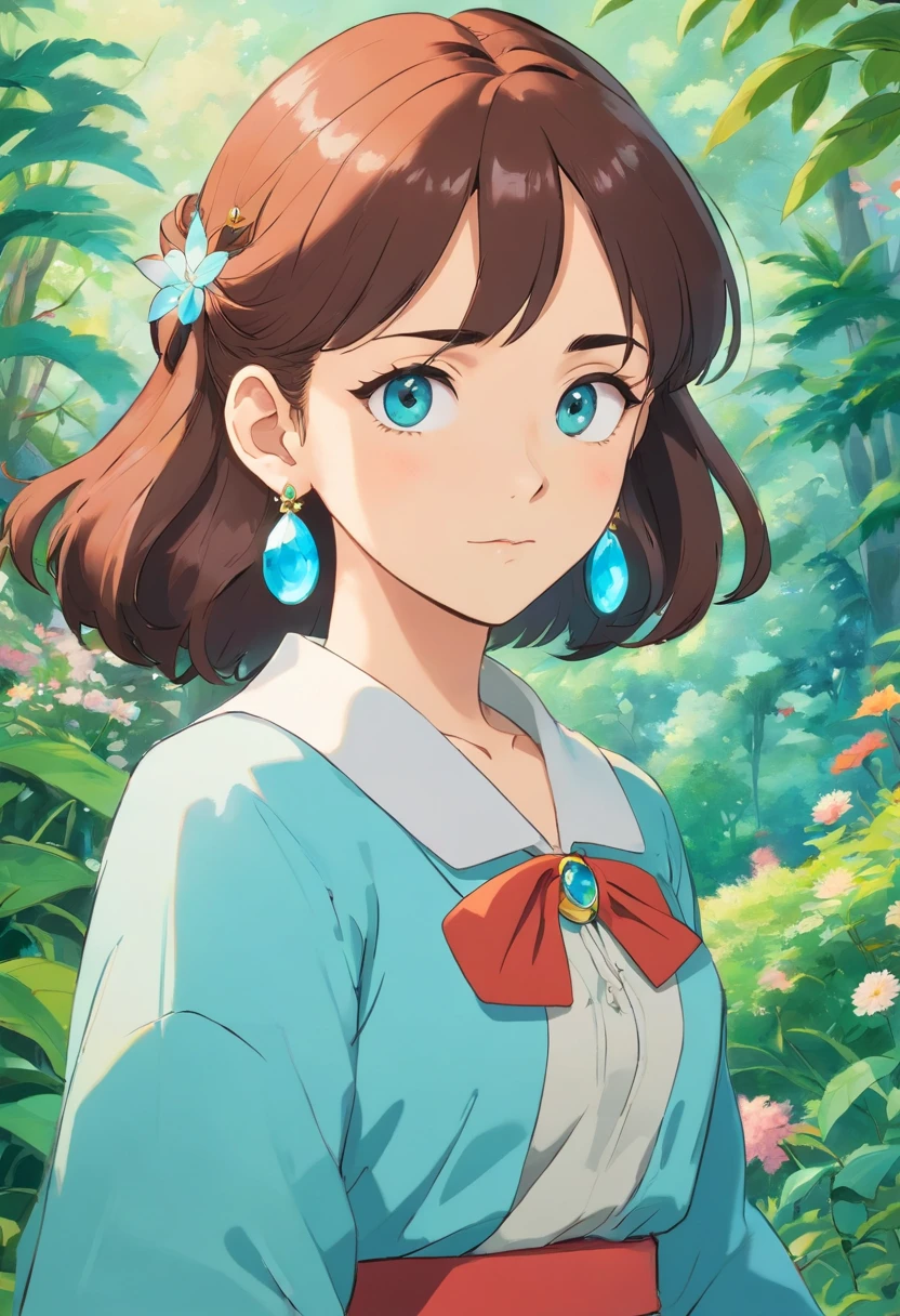 a girl wearing an anime collar, a long necklace and earrings, in the style of tranquil gardenscapes, colorful animation stills, masami teraoka, aquamarine, paul gauguin, Embry style, honest portrayal