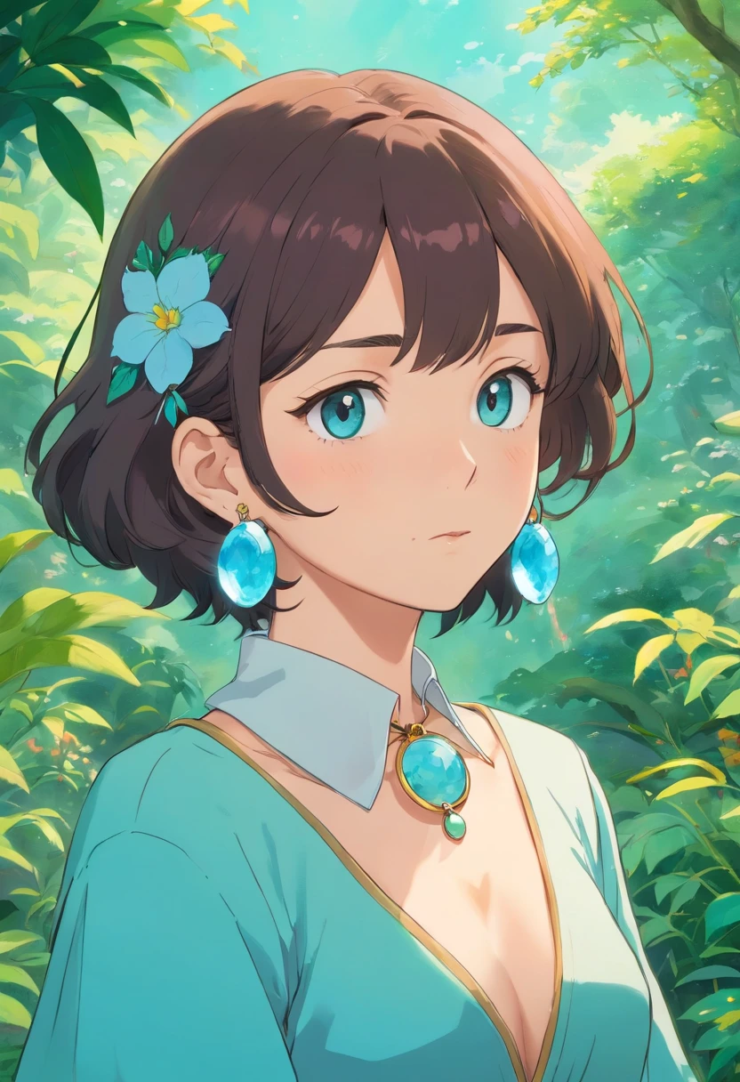 a girl wearing an anime collar, a long necklace and earrings, in the style of tranquil gardenscapes, colorful animation stills, masami teraoka, aquamarine, paul gauguin, Embry style, honest portrayal