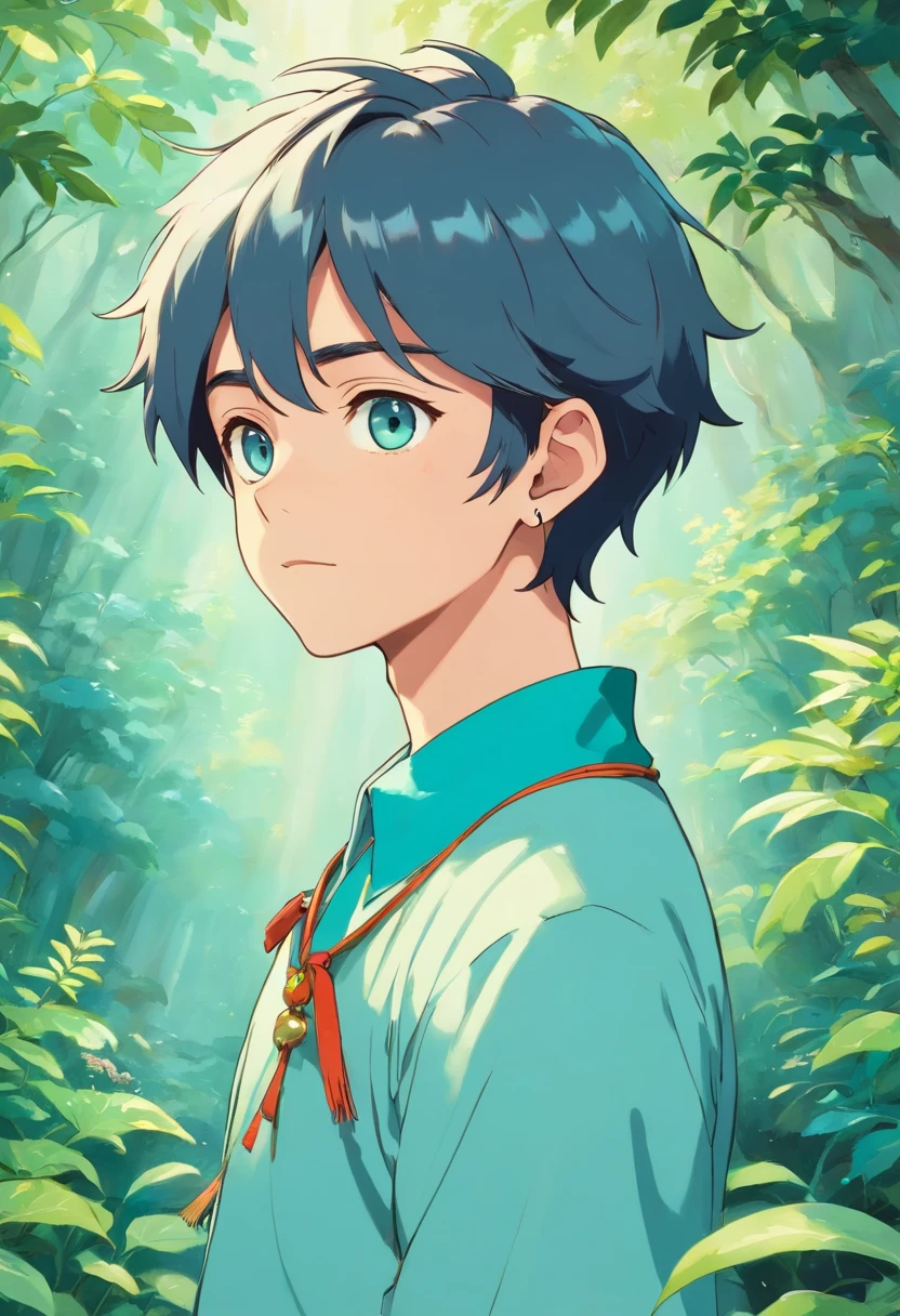 a boy wearing an anime collar, a long necklace and earrings, in the style of tranquil gardenscapes, colorful animation stills, masami teraoka, aquamarine, paul gauguin, Embry style, honest portrayal