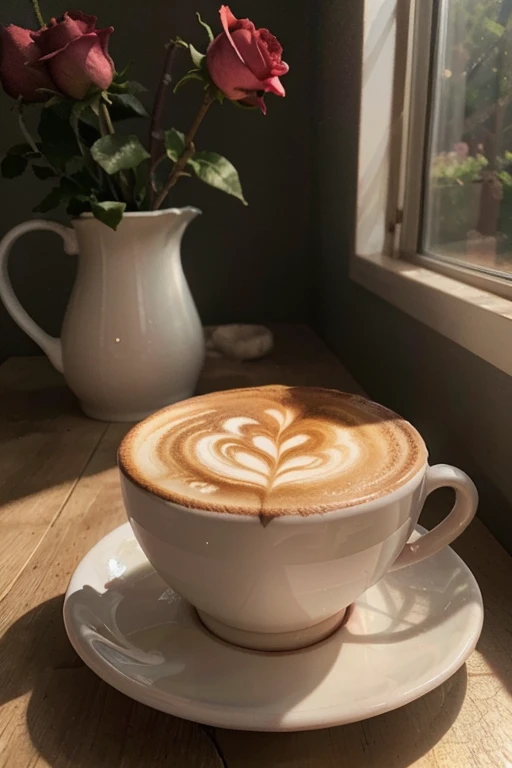 oil painted,rose pink petals,aromatic,muted morning light,Flowers cappuccino cup,Best quality,ultra - detailed,realistically:1.37,Vibrant colors,Studio lighting,Subtle pastel tones,tranquil ambiance.Strong light and shadow