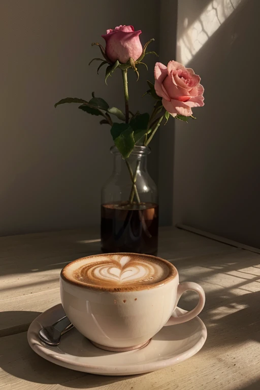 oil painted,rose pink petals,aromatic,muted morning light,Flowers cappuccino cup,Best quality,ultra - detailed,realistically:1.37,Vibrant colors,Studio lighting,Subtle pastel tones,tranquil ambiance.Strong light and shadow