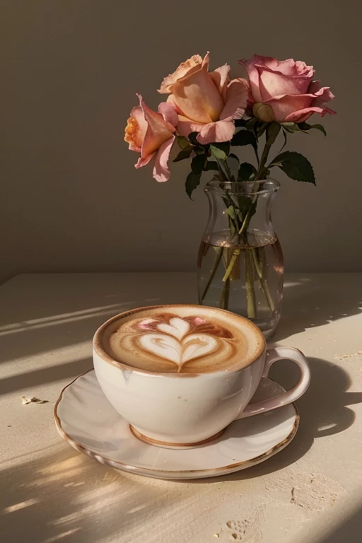oil painted,rose pink petals,aromatic,muted morning light,Flowers cappuccino cup,Best quality,ultra - detailed,realistically:1.37,Vibrant colors,Studio lighting,Subtle pastel tones,tranquil ambiance.Strong light and shadow