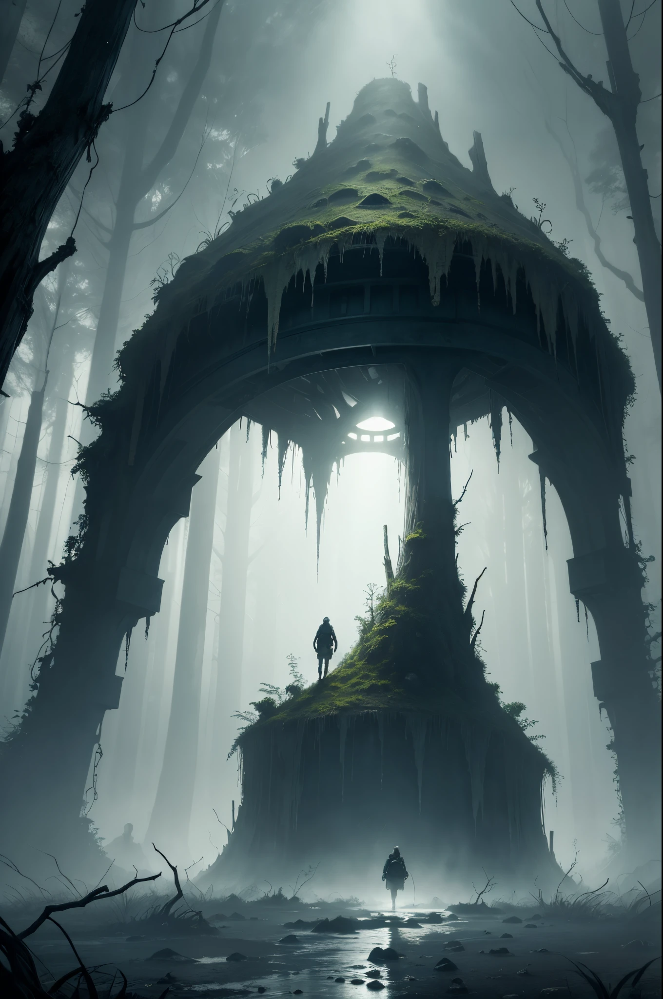 (adventurer,lost in a very dark swamp),ink illustration,dense fog,huge twisted trees,mysterious ruins,wild creatures lurking,breaking through,the lost path,dangerous environment,(best quality,highres,realistic),eerie atmosphere,flickering torchlight,ominous presence,treacherous terrain,murky water,ominous whispers,creepy sounds,thick vines,soaked clothes,determined expression,stumbling footsteps,imminent danger,inhospitable place,darkness devouring,shadows engulfing,unseen dangers,hope dwindling,misty horizon,treasure within reach,unexplored realm,stay alert,unpredictable trials,finding a way out,anxious heartbeat,isolation surging,conquering fear,unyielding spirit,wary eyes,desperate search,whispering wind,distant cries,perseverance leading the way,escaping the swamp,victory in darkness.