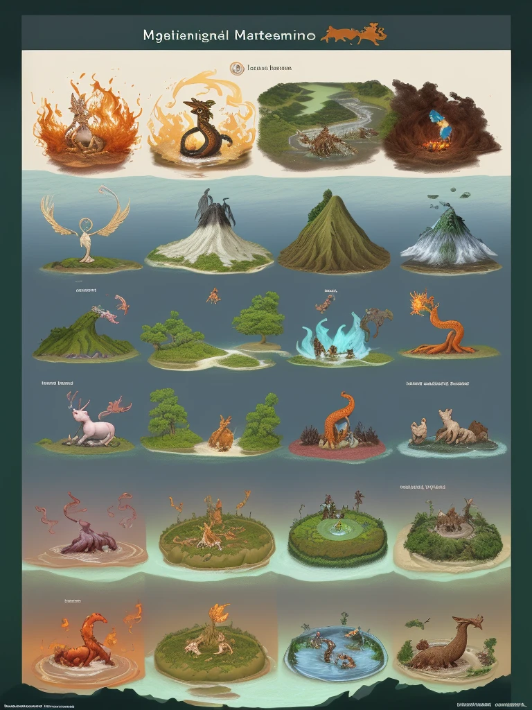 Avaloria:
- Magic: Elemental magic, allowing control over fire, water, earth, and air.
- Creatures: Phoenixes, water nymphs, earth golems, and air sprites.
- New Animals: Flame-tailed salamanders, water serpents, crystal rabbits, and wind foxes.
- Environment: Lush forests, active volcanoes, serene lakes, and floating islands.