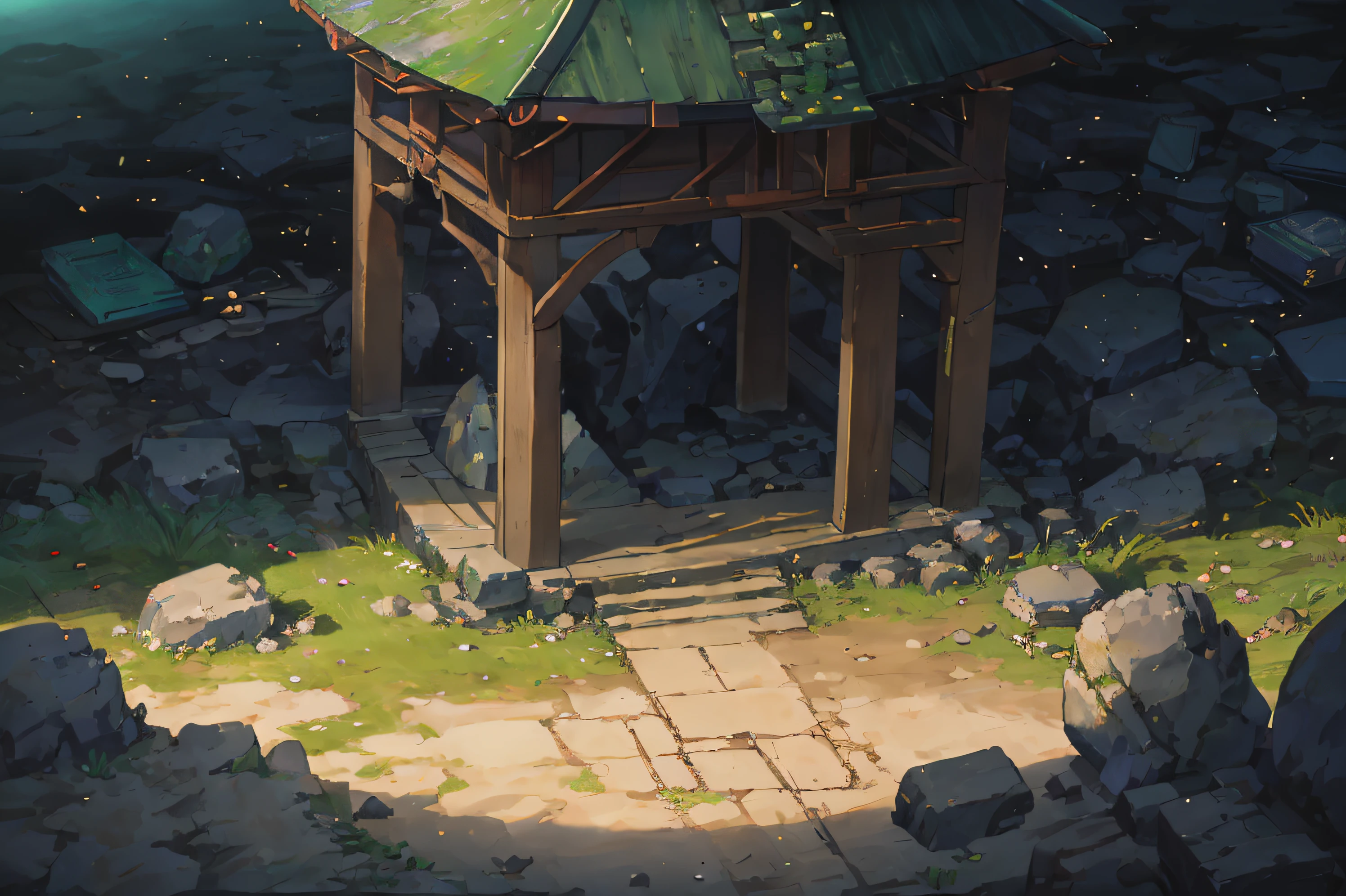 (illustrations : 1.0), Epic composition, photorealistic lighting, HD detail, masterpiece, Best quality at best, (Highly detailed CG integrated 8k wallpaper), wide and flat land, Round and small rocks placed at the top of the screen, broken rock tower, Chinese style stone pagoda, Remnants of a broken stone tower, traces of relics, broken stone,