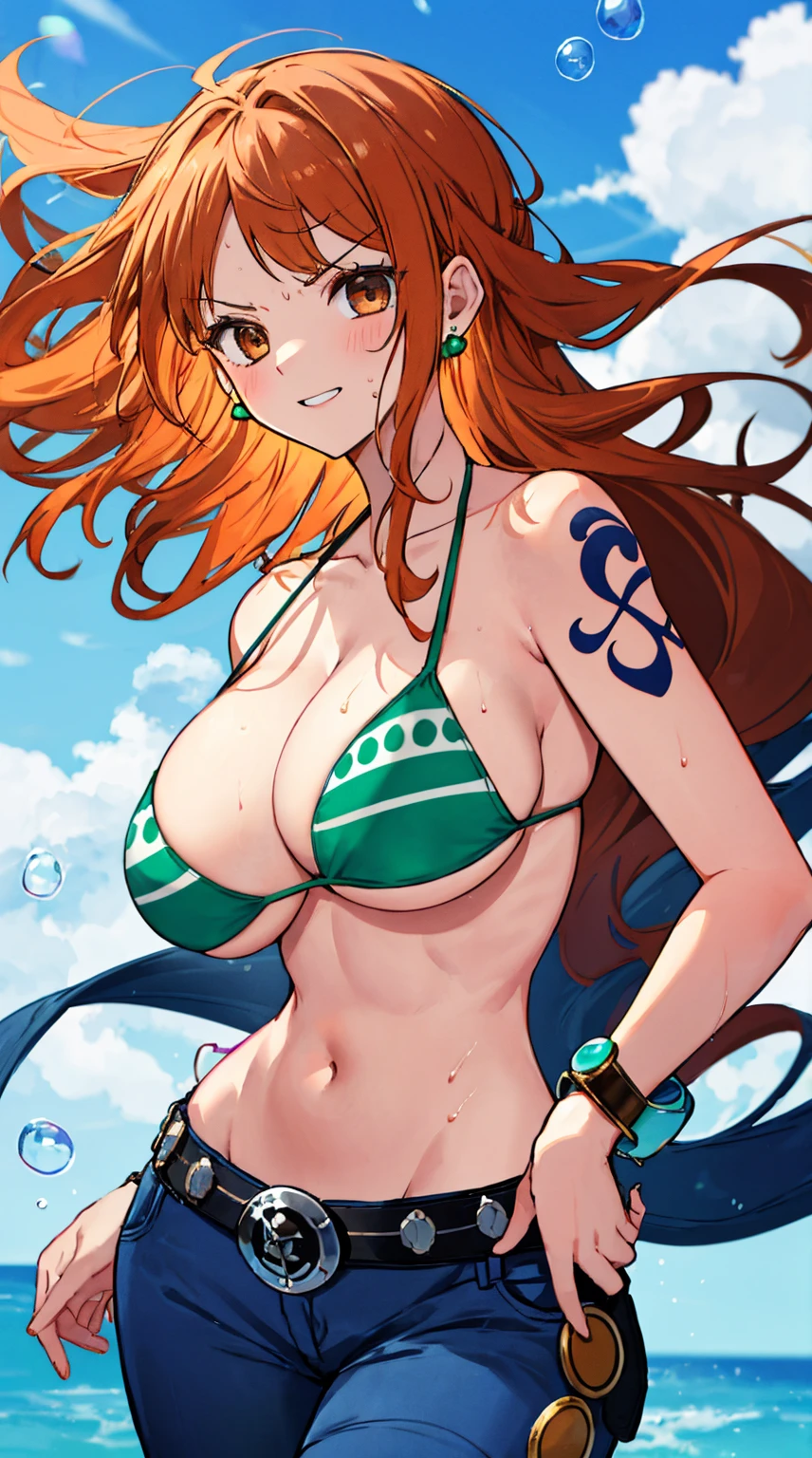 nami \(one piece\), 1girl, bangle, bangs, bare shoulders, belt, bikini, bikini top only, bracelet, breasts, brown eyes, bubble, cleavage, denim, earrings, floating hair, green belt, green bikini, groin, jeans, jewelry, (large breasts:1.9), (big breast:1.3), long hair, looking at own body, navel, orange hair, pants, shoulder tattoo, sidelocks, sky, smile, solo, stomach, swimsuit, tattoo, angry, (hand on hips:1.4), (sweaty:1,2), shy, flusttered, (((masterpiece))), nipples visible through bikini