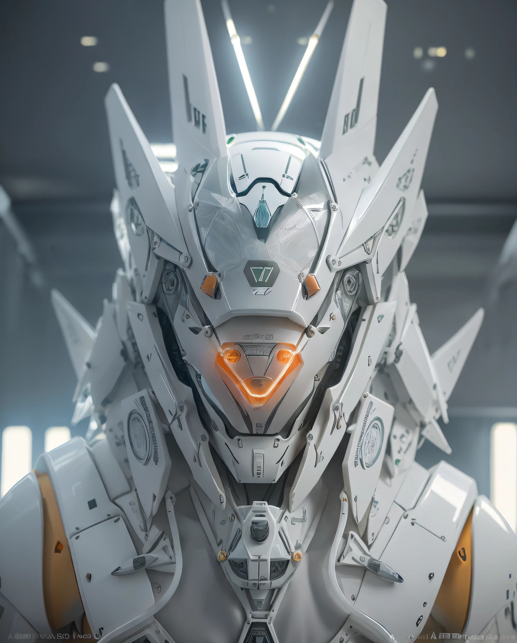 1 robot, organic, orange triangle glowing eyes, cyberhelmet, long hair, white plastic, diffuse lighting, fantasy, intricate, elegant, highly detailed, lifelike, photorealistic, smooth, sharp focus, art by John Collier and Albert Aublet and Krenz Cushart and Artem Demura, wires, tubes, dark room, dim light