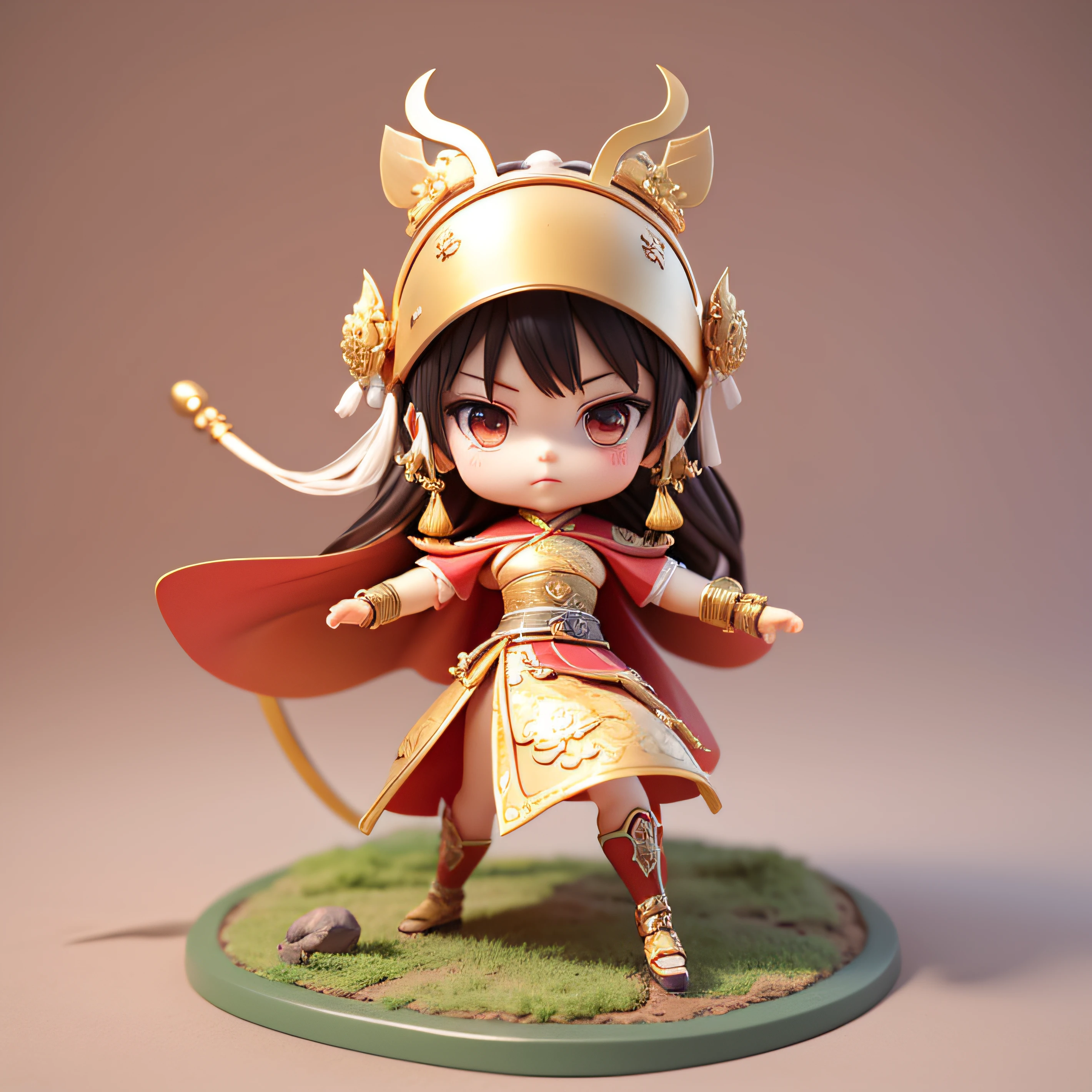 tmasterpiece、top-quality、ultra - detailed、 3D, girl,((Red cape)),Nendoroid 3D, zhao yun, guan yu, Big-headed figures。Cute girl in red shrimp armor。Cute expressions。Red helmet shaped like a shrimp head,The two sides of the top are decorated with two raised shrimp eyes. dressed in samurai armour。(In the other hand he holds a metal weapon in the shape of shrimp pincers)。The instrument shimmers with a metallic sheen.。Play defensive martial arts poses。Chinese Kung Fu styling。The action is dashing。Realistic characters。The hand is 5 fingers。The correct gesture to hold the weapon