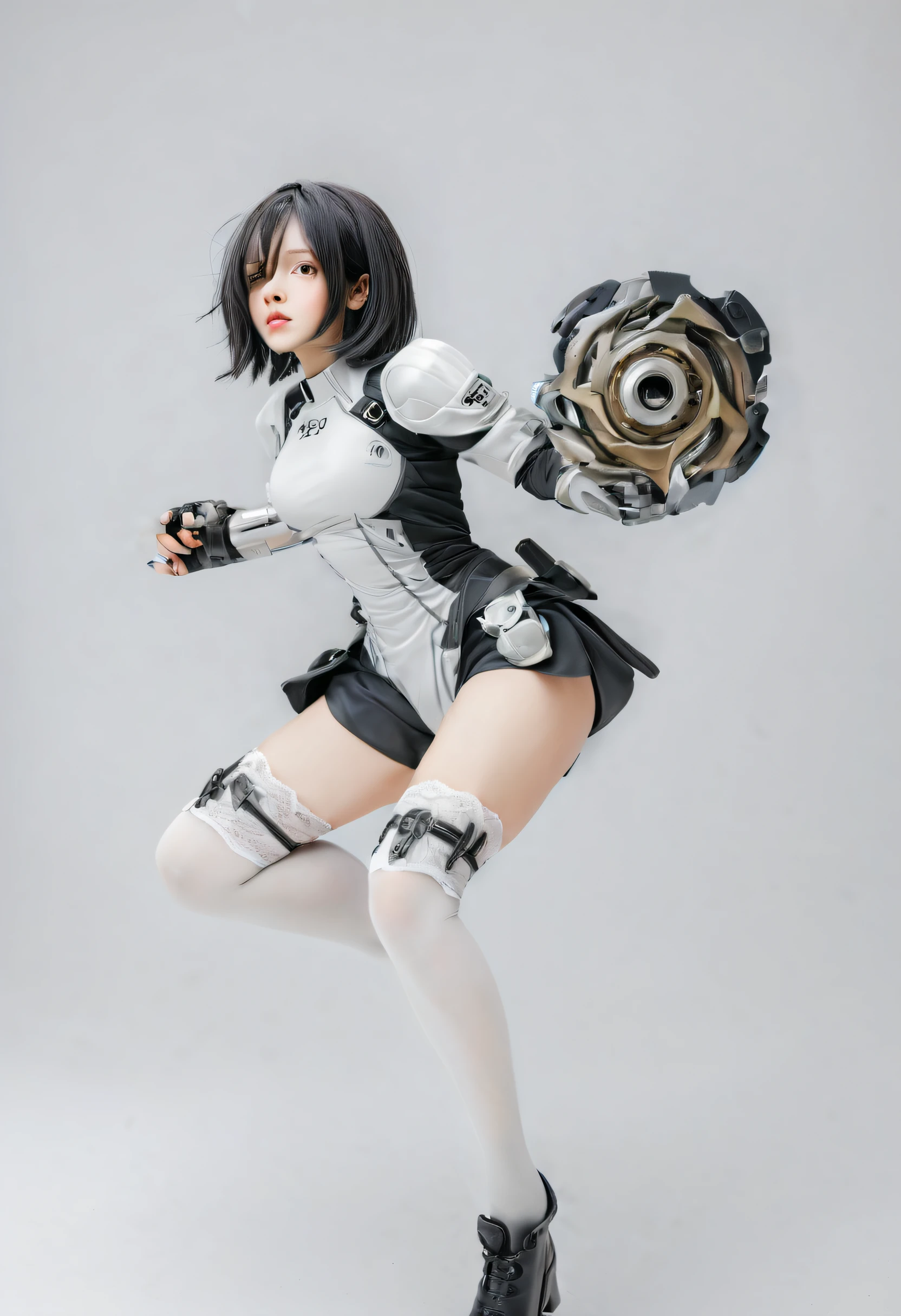 best quality, masterpiece, aesthetic, full-body dynamic pose high quality, 1girl punching, android, (yellow and black) upper armor, mechanical arms, short punk hair, black hair, white background, intense expression, looking at viewer, (simple background:1.4), anime