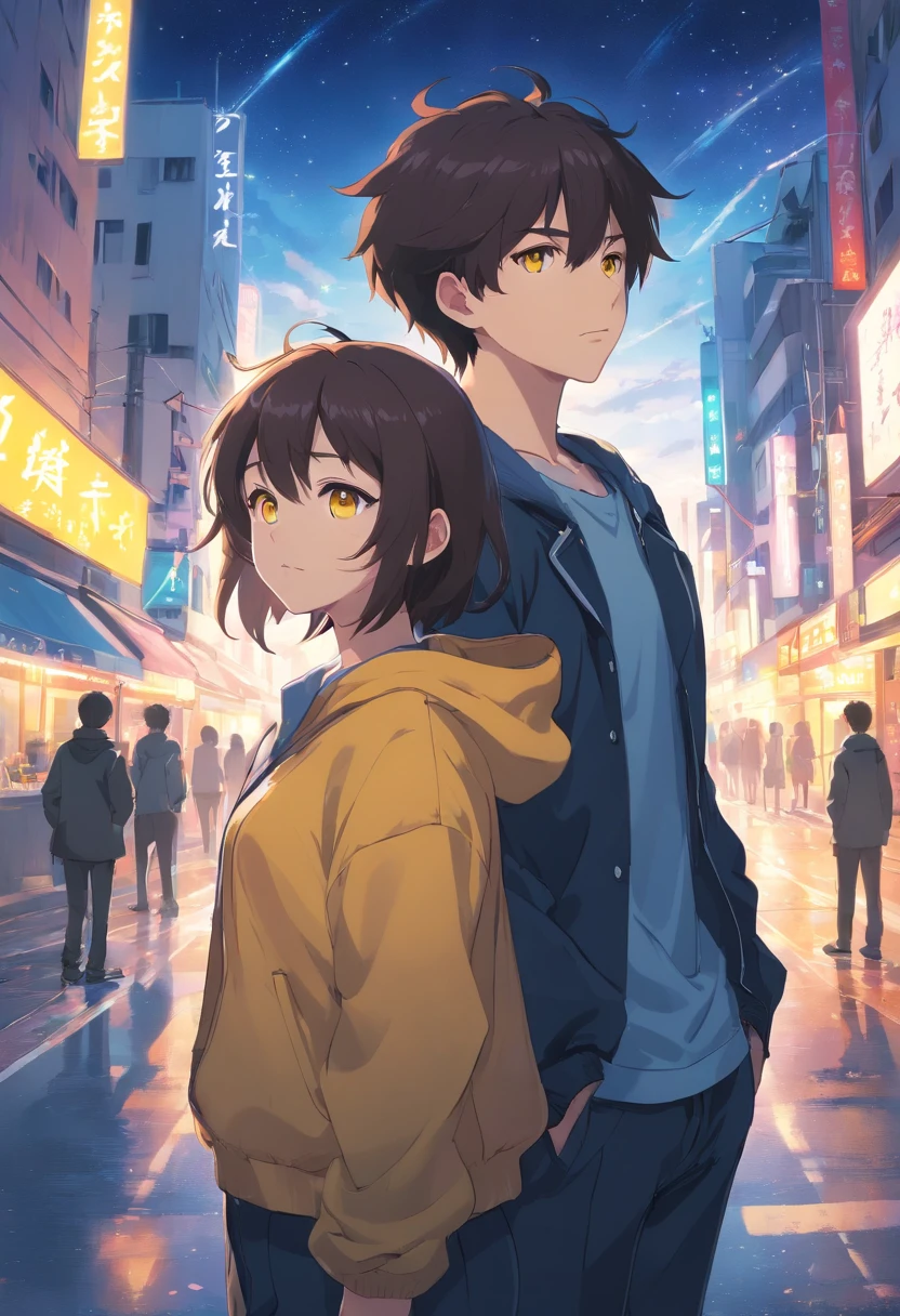 ​masterpiece、twinks、Uncle、Giving bangs、Forehead visible、30-years old、A dark-haired、Black jacket、Black pants、white t-shirts、Give bangs、Sticking out your forehead、twinks、Eyes drawn in detail、a handsome、Inside the city、starrysky、Mystical light、Dramatic light、Cinematic power、yellow eyes