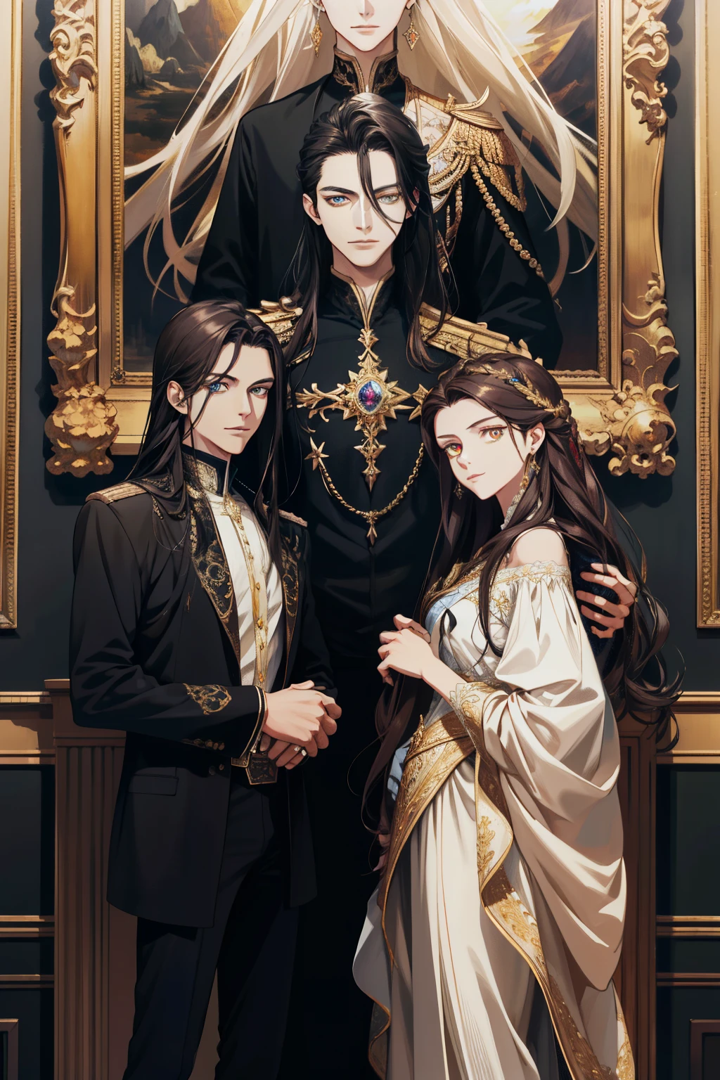 (absurd, high resolution, ultra detailed), When I noticed a painting on the wall.
It was a portrait of my family.
Zephyr stood beside. Valendrya. Her Dark hair and golden eyes highly resembled me.
I stood in front of her With Valsendrake and Icarus standing beside me.
painting