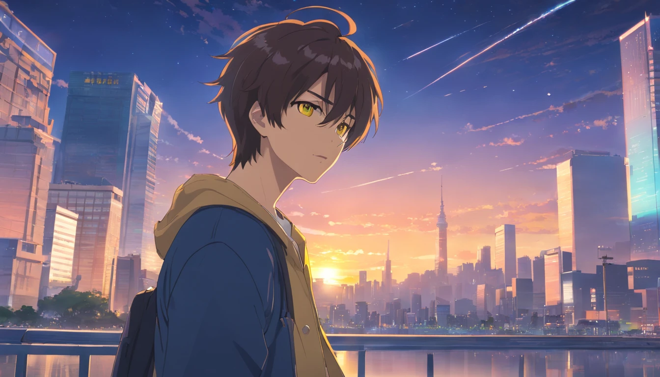 masterpiece、twinks、Uncle、Giving bangs、Forehead visible、30-years old、A dark-haired、Black jacket、Black pants、white t-shirts、Give bangs、Sticking out your forehead、twinks、Eyes drawn in detail、a handsome、Inside the city、starrysky、Mystical light、Dramatic light、Cinematic power、yellow eyes, 1 male