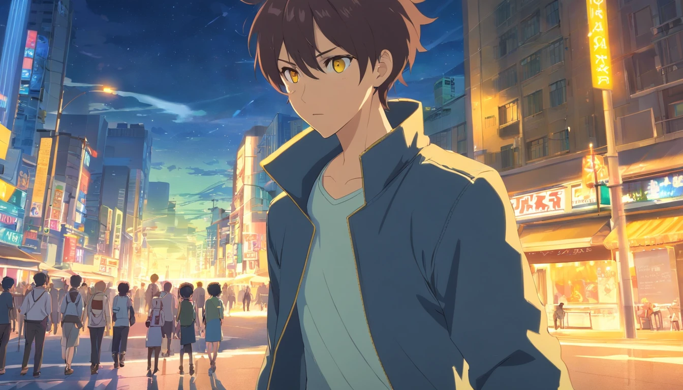 ​masterpiece、twinks、Uncle、Giving bangs、Forehead visible、30-years old、A black-haired、Black jacket、Black pants、white t-shirts、Give bangs、Sticking out your forehead、twinks、Eyes drawn in detail、a handsome、Inside the city、starrysky、Mystical light、Dramatic light、Cinematic power、yellow eyes, yellow lightning